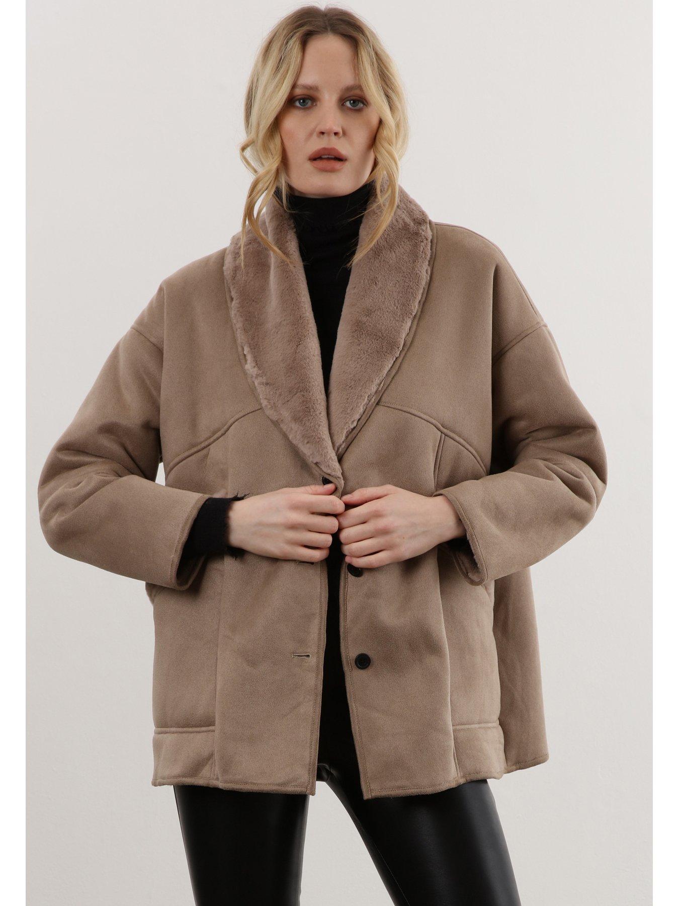 religion-short-faux-fur-shearling-coat-with-shawl-collar-neutralstillFront