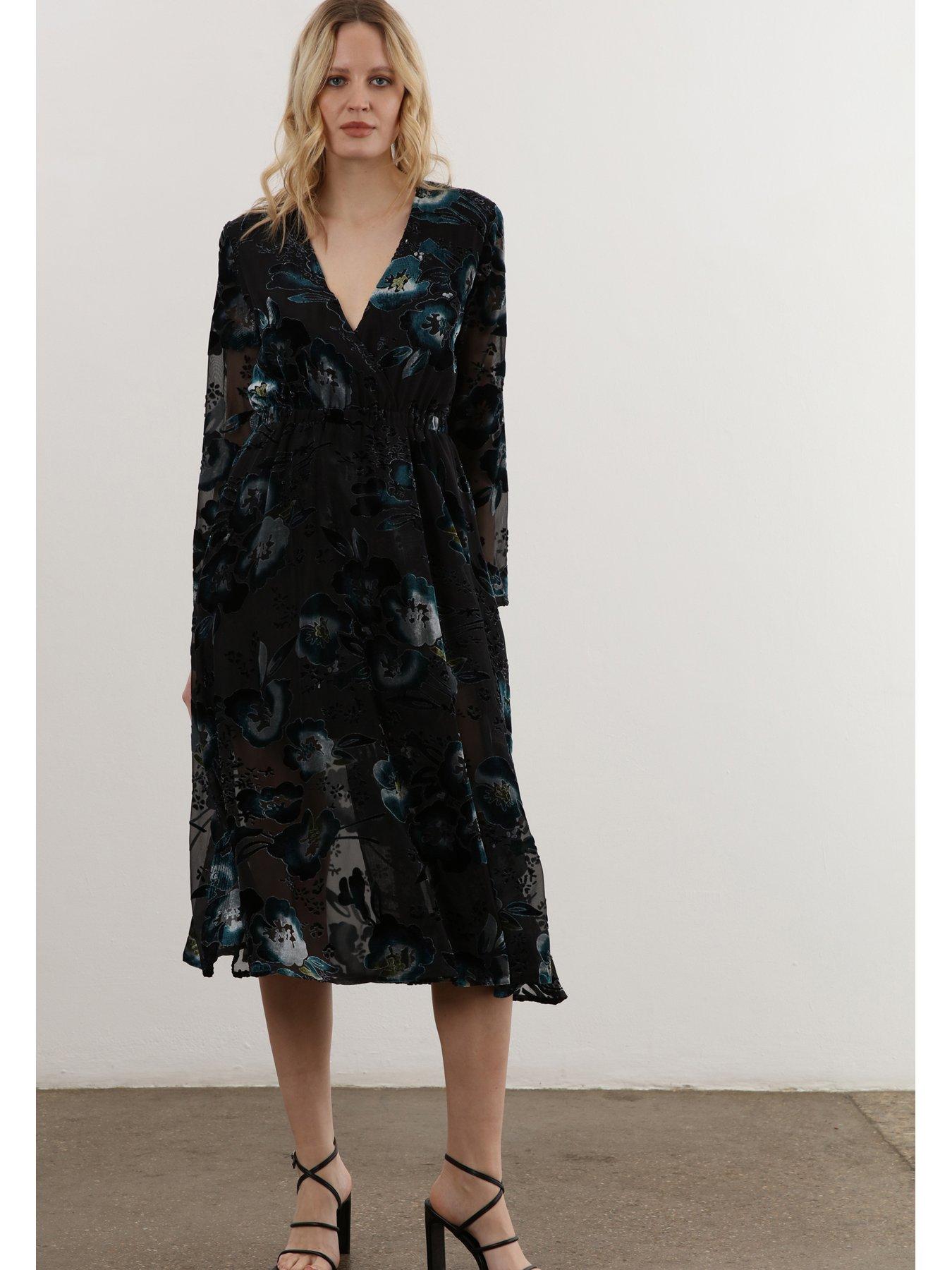 Religion Velvet Floral Midi Wrap Dress - Black