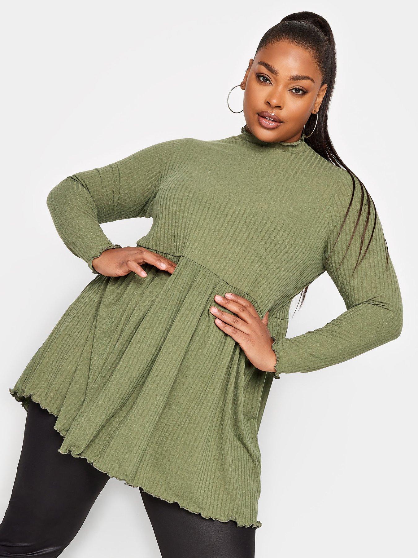 YOURS Plus Size Forest Green Ribbed Lettuce Hem Tunic Dress