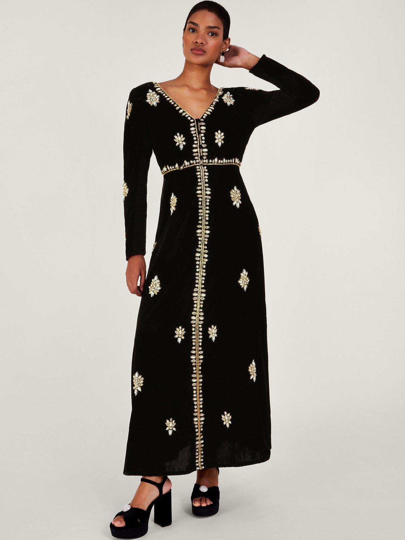Image 1 of 5 of Monsoon Vanessa Velvet Embroidered Maxi - Black