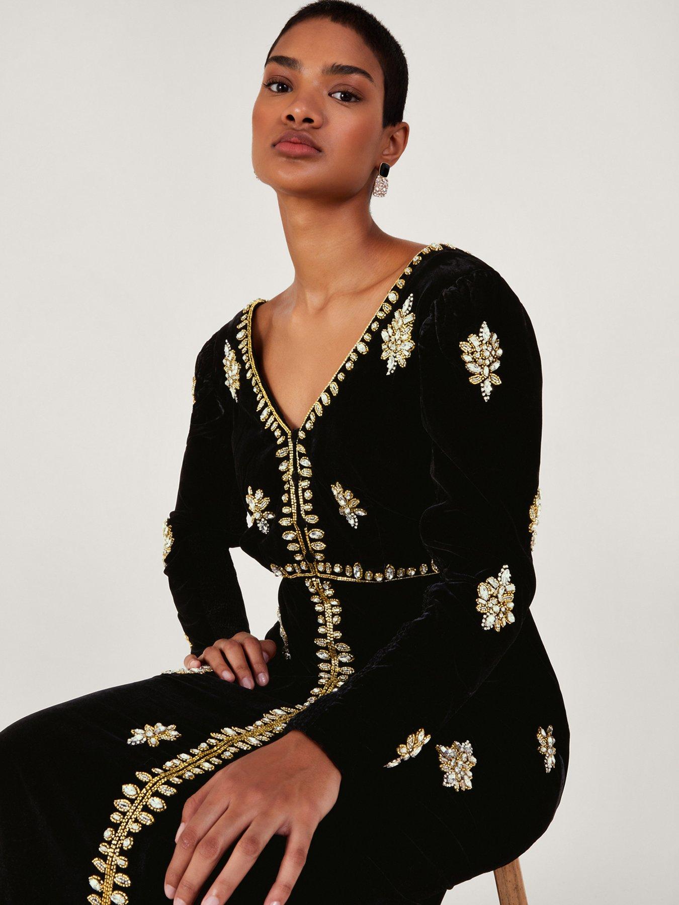 Image 4 of 5 of Monsoon Vanessa Velvet Embroidered Maxi - Black