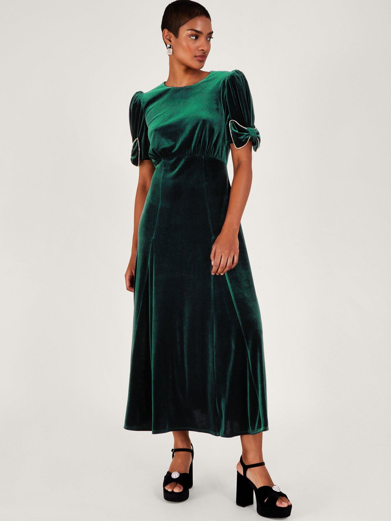 Belle Velvet Bow Dress Green