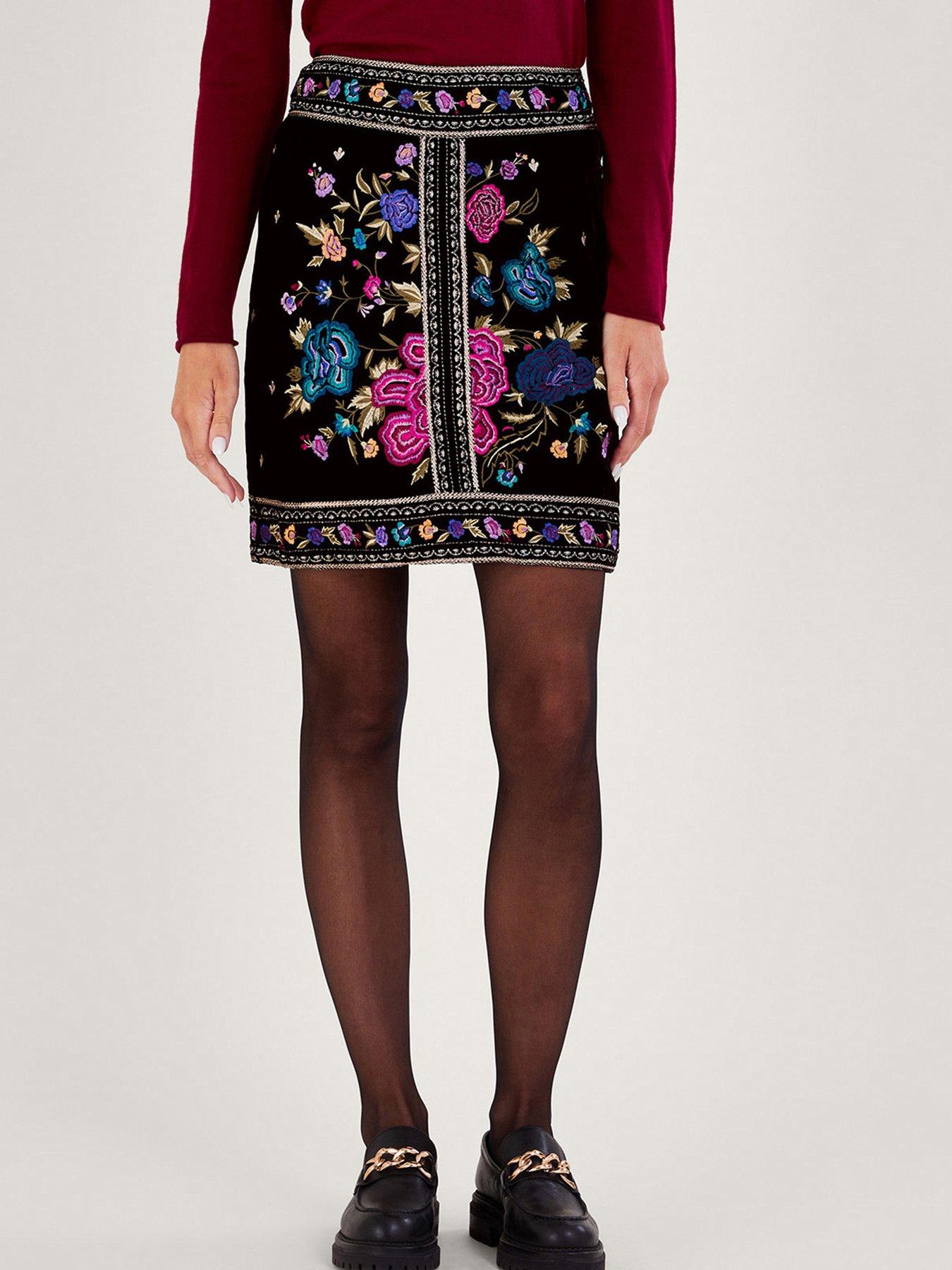 Image 1 of 4 of Monsoon Freya Embroidered Velvet Skirt - Black
