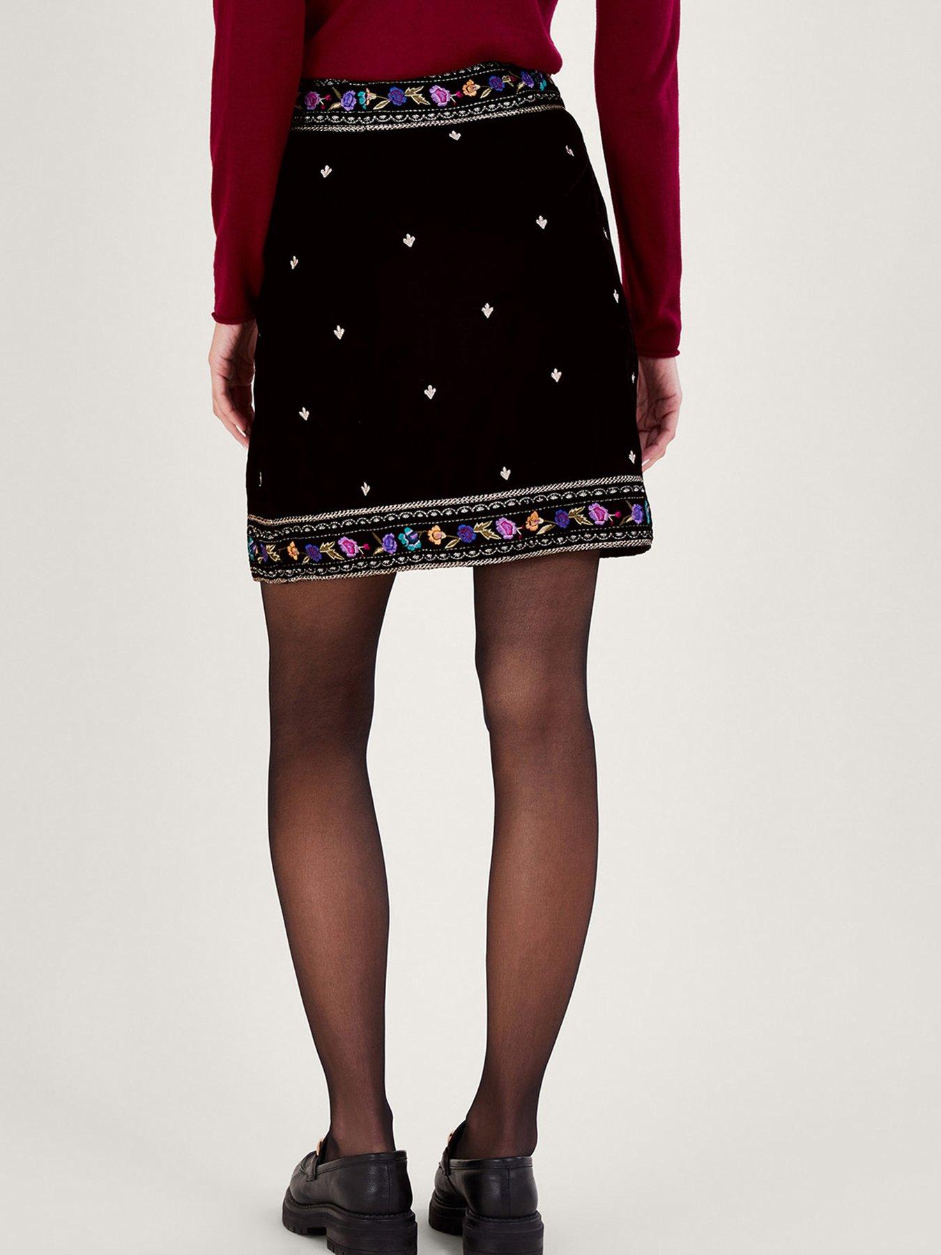 Image 2 of 4 of Monsoon Freya Embroidered Velvet Skirt - Black