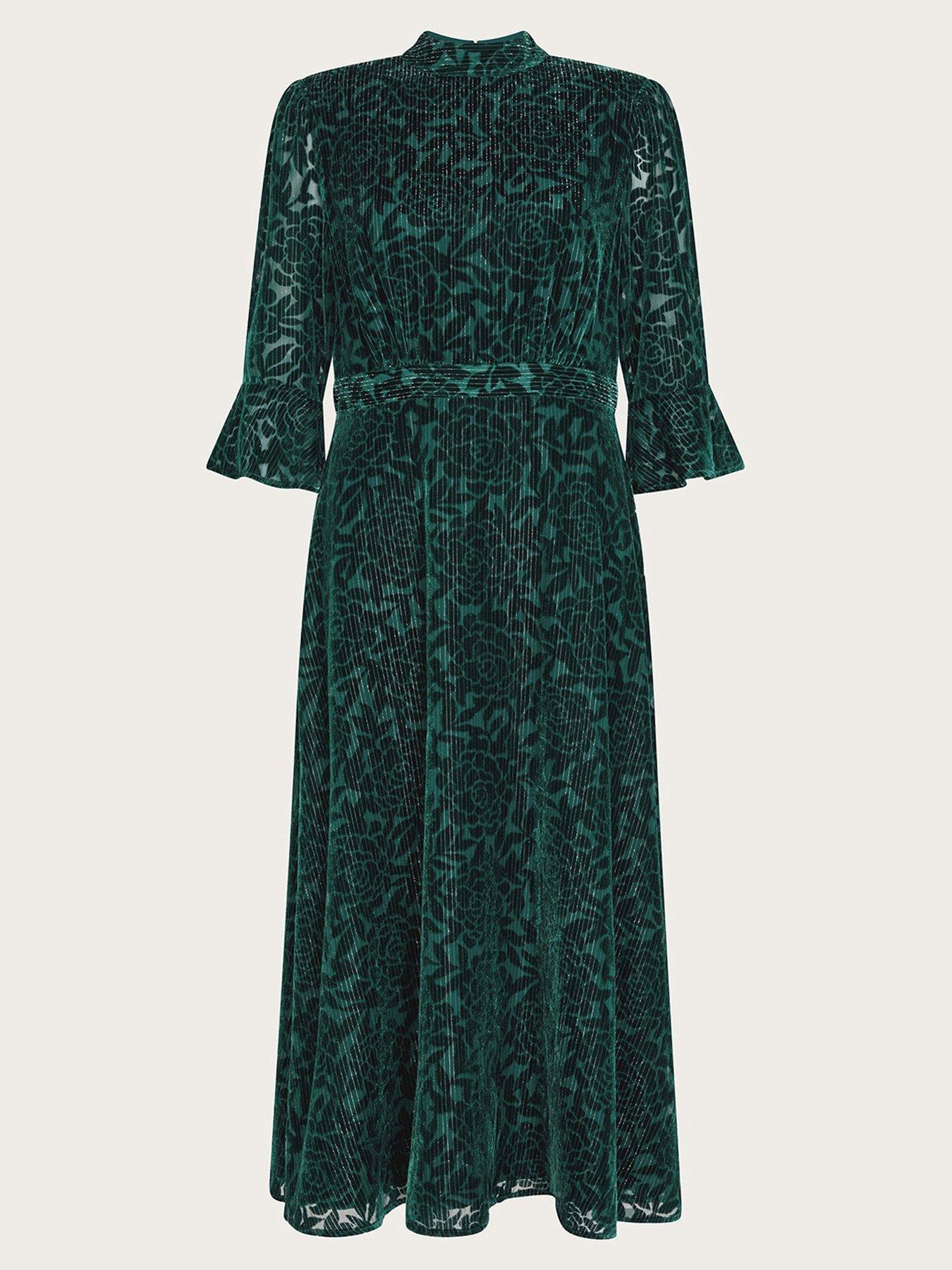 whistles green jungle cat dress Monsoon Fleur Devore Midi - Teal bottle green velvet dress