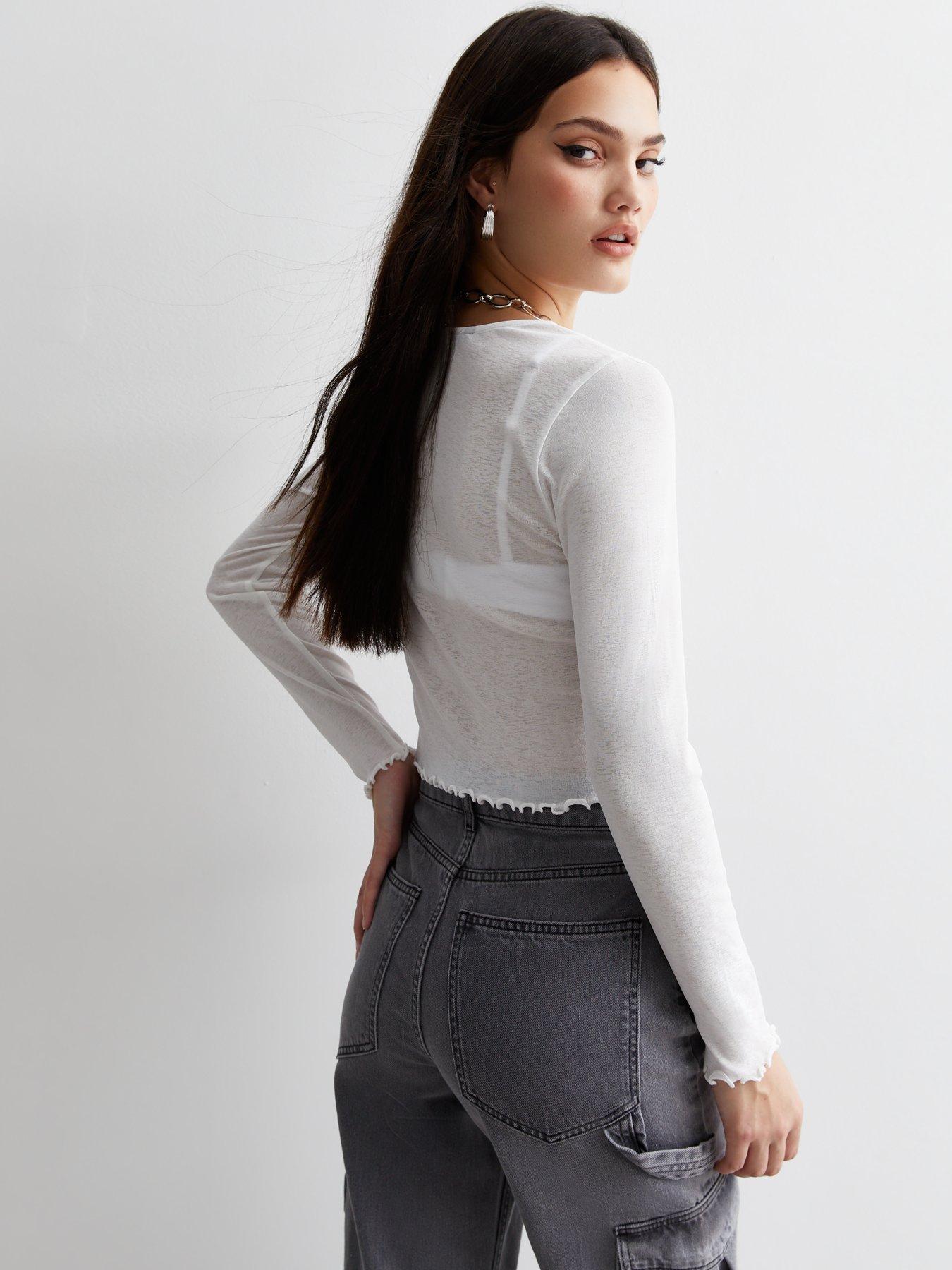 White Mesh Long Sleeve Crop Top