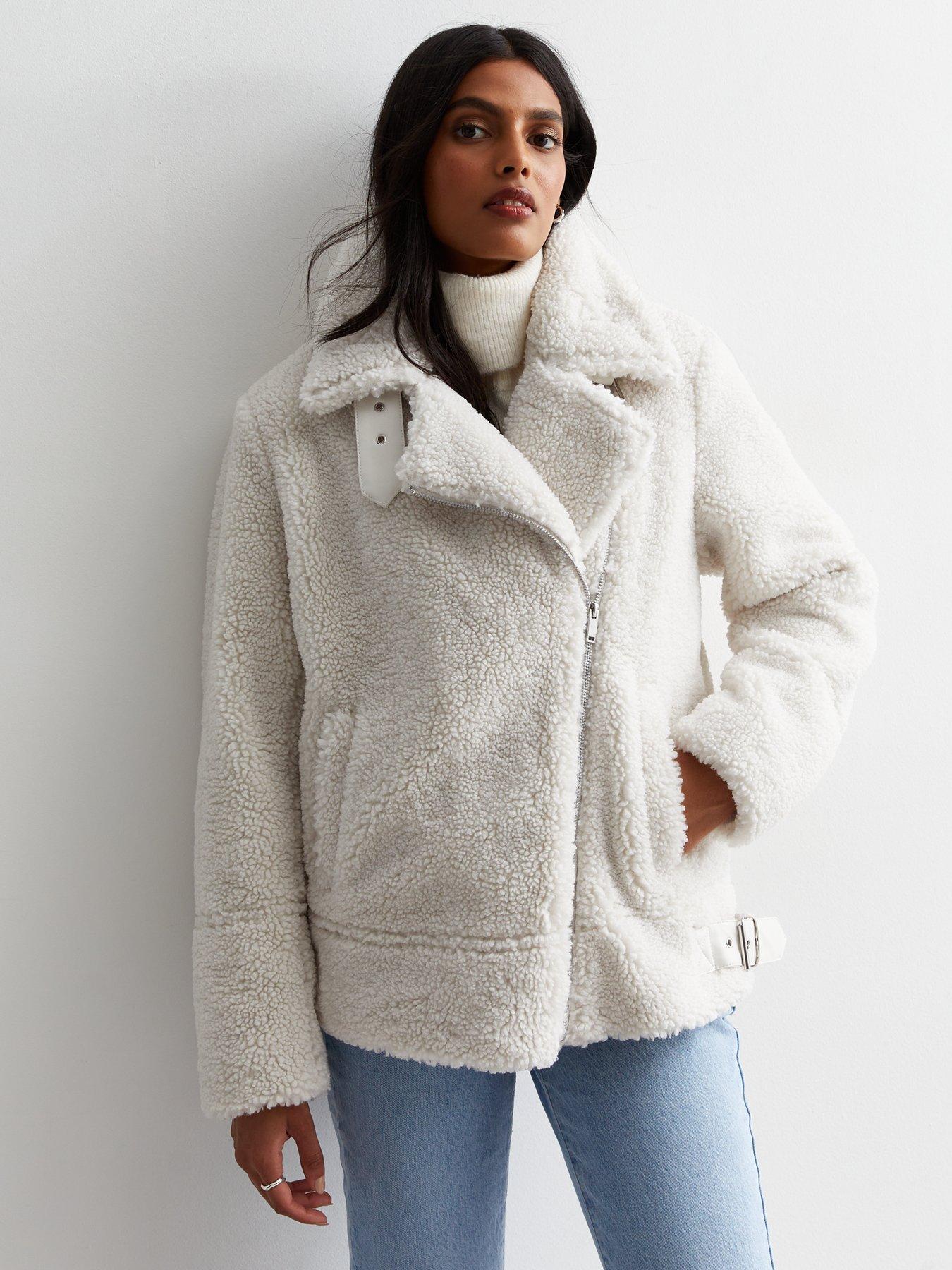 Cream boucle faux store fur aviator jacket