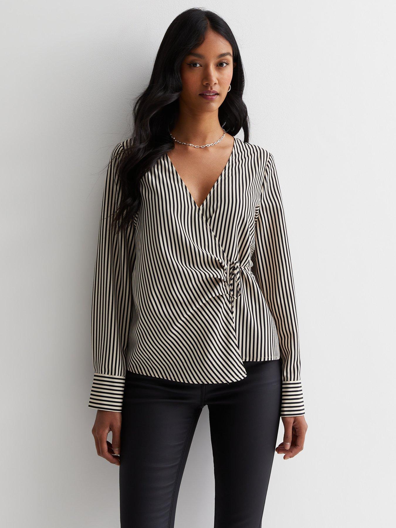 White Stripe Long Sleeve Wrap Blouse