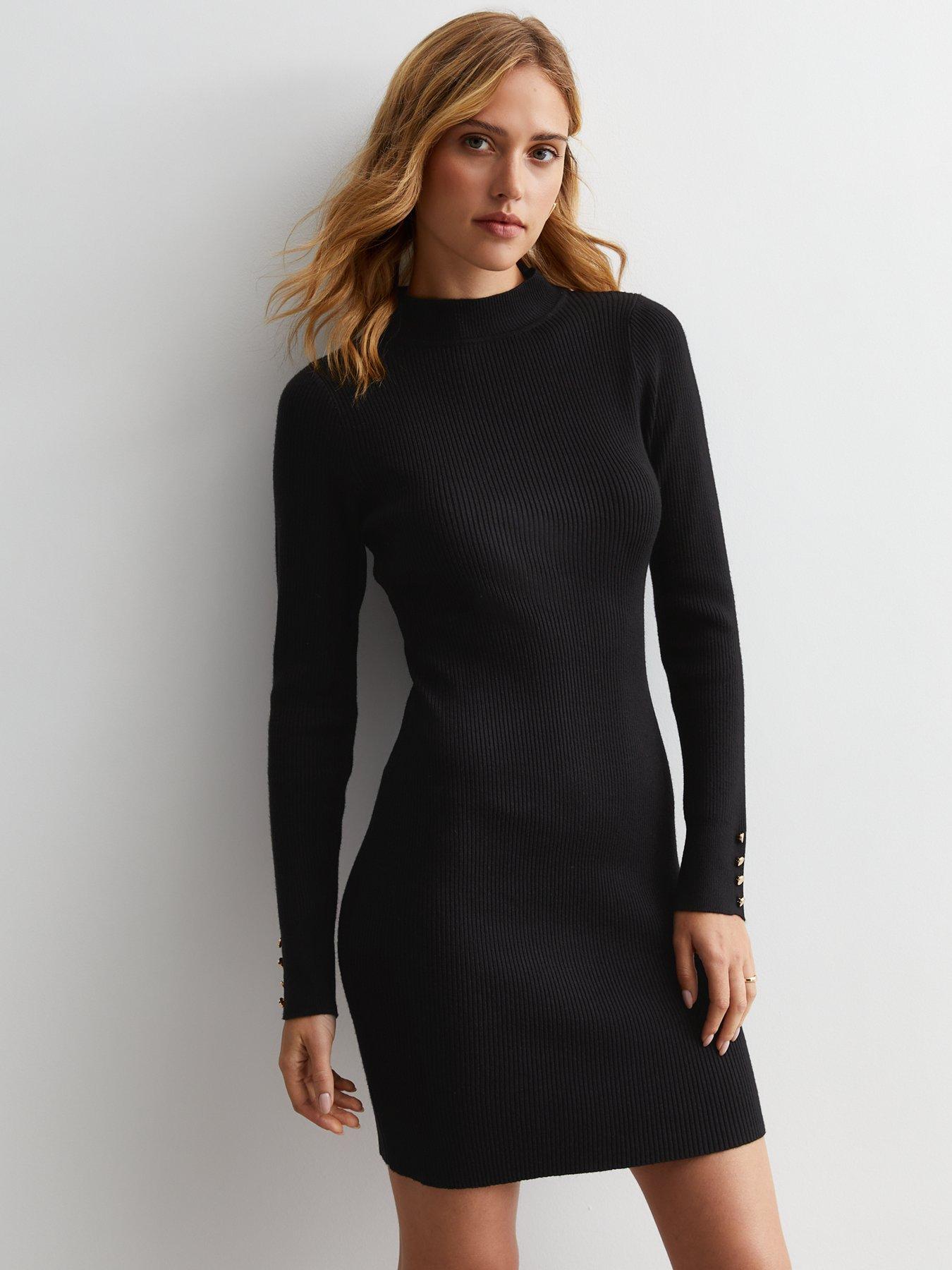 new-look-black-ribbed-button-cuff-bodycon-mini-dressback