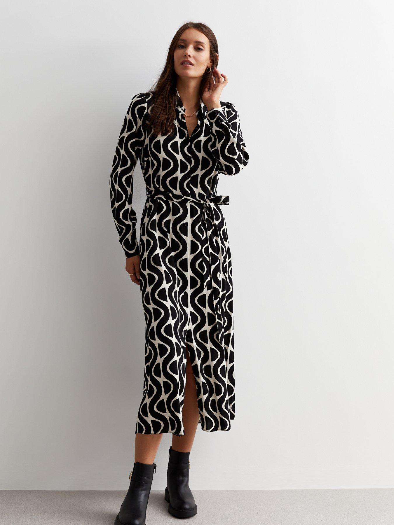 new-look-black-geometric-print-belted-midaxi-shirt-dress