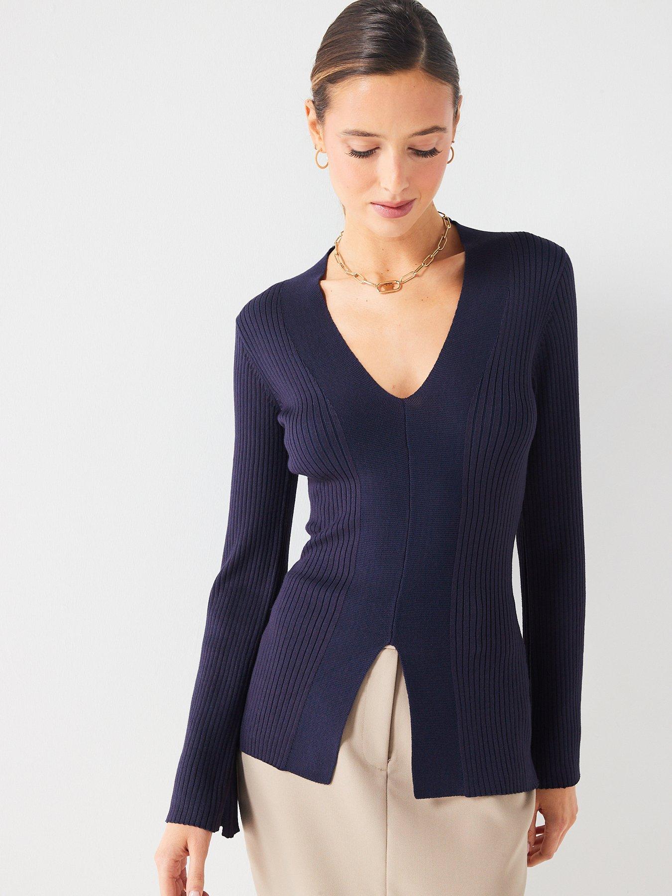 fig-basil-v-neck-split-hem-knitted-long-sleeve-top-navy