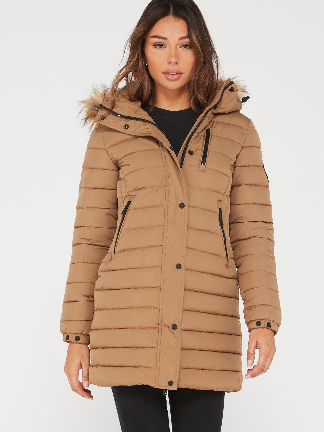 Superdry Fuji Hooded Mid Length Puffer Coat Brown Very Ireland