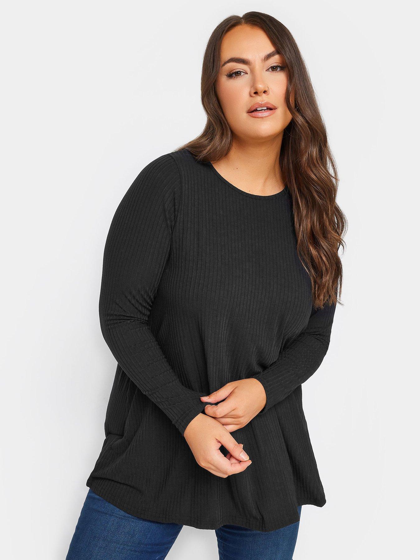 Yours Yours Long Sleeve Rib Swing Top. Black