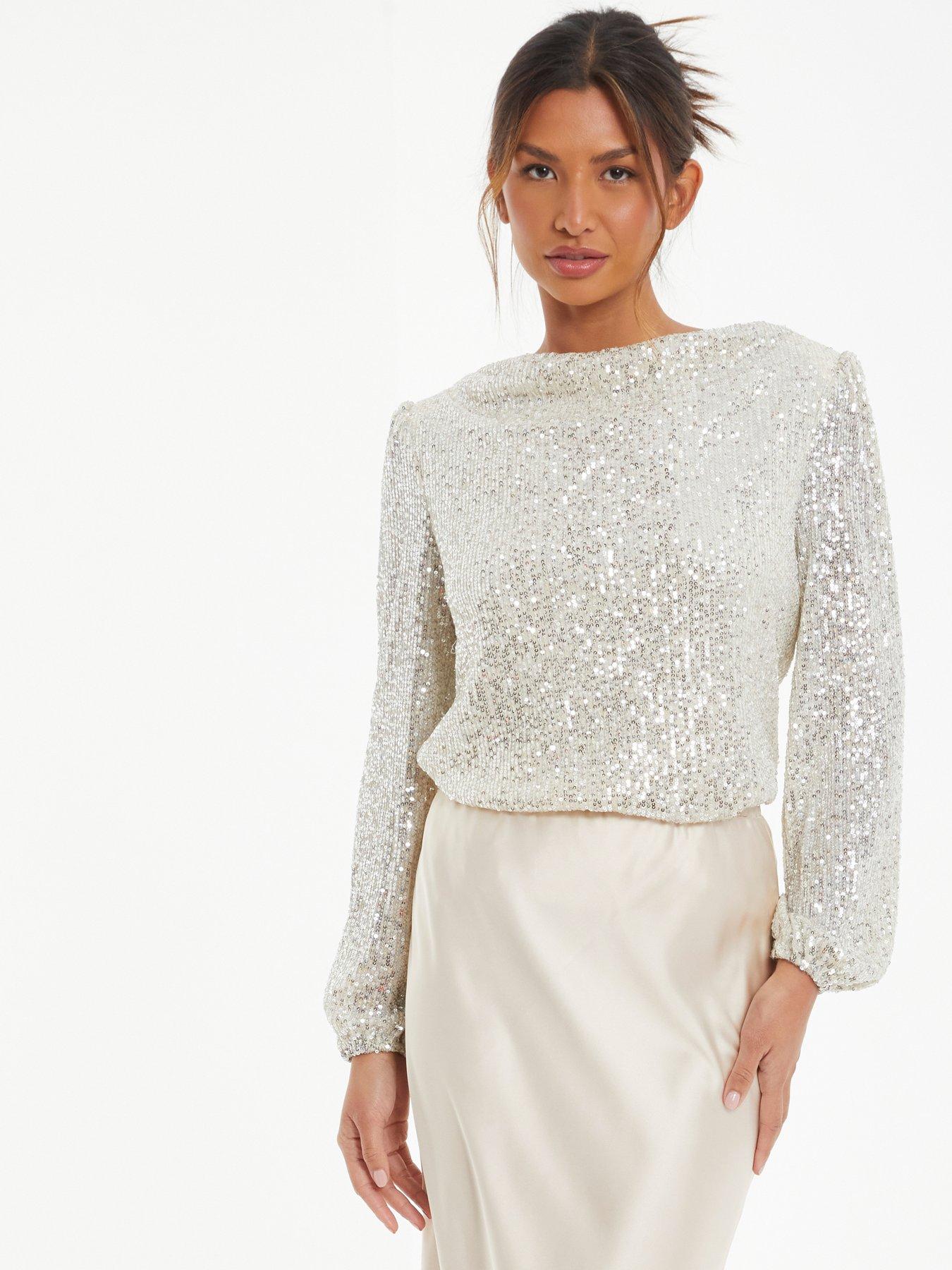 Sequin Cowl Neck Long Sleeve Top Champagne