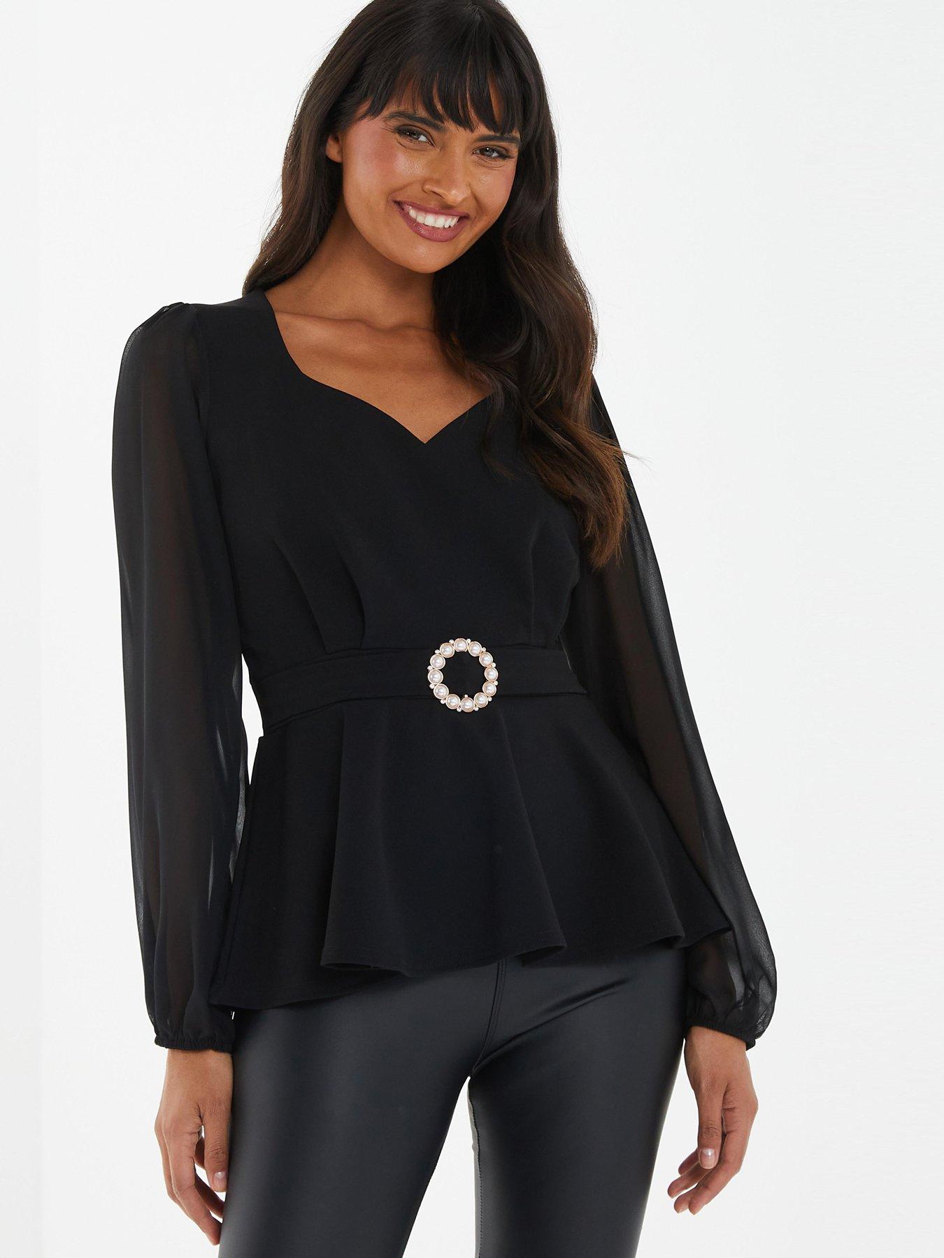 Chiffon Sleeve Peplum Top With Buckle Detail