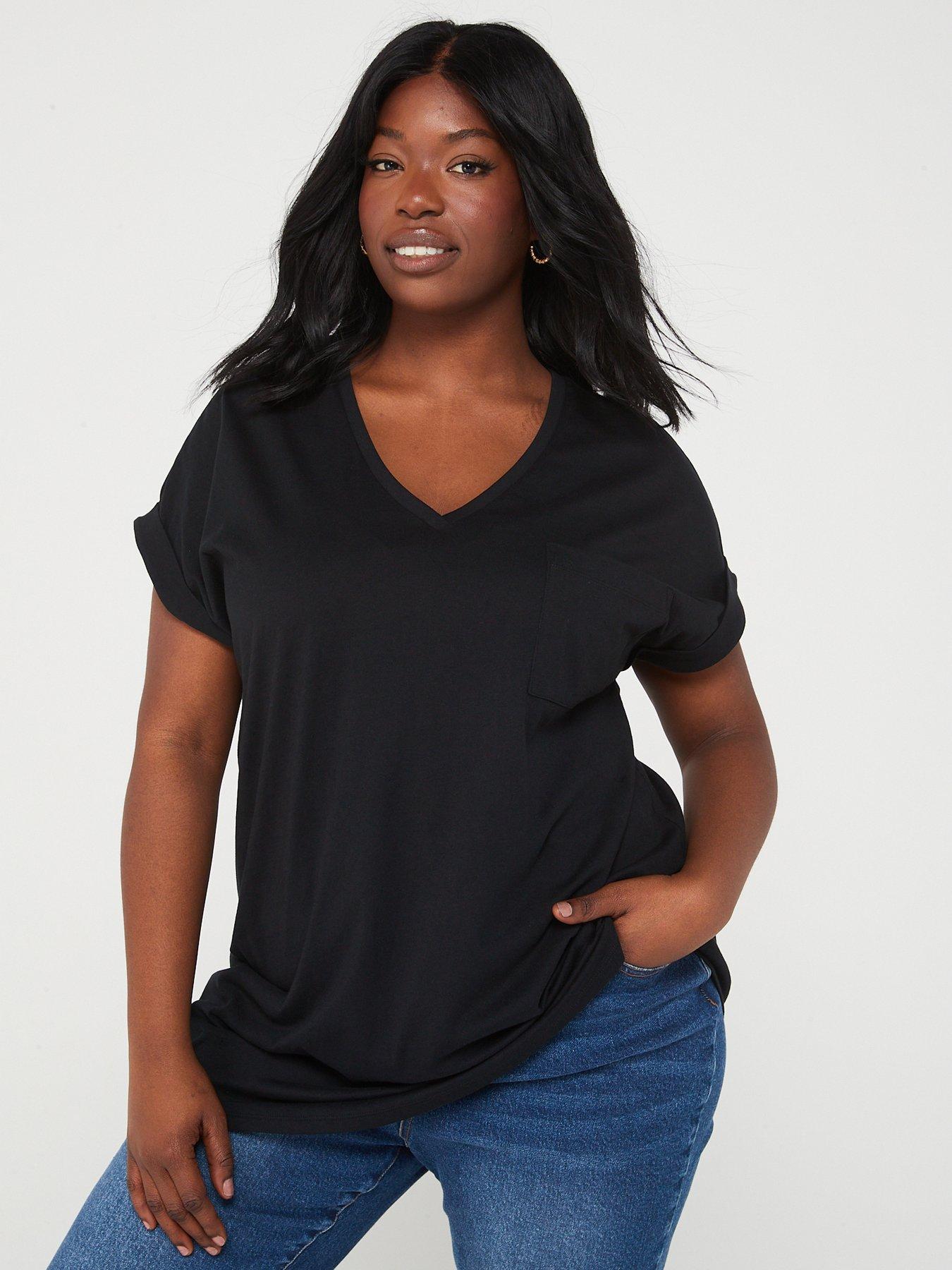 V by Very Curve V Neck Pocket T-Shirt - Black