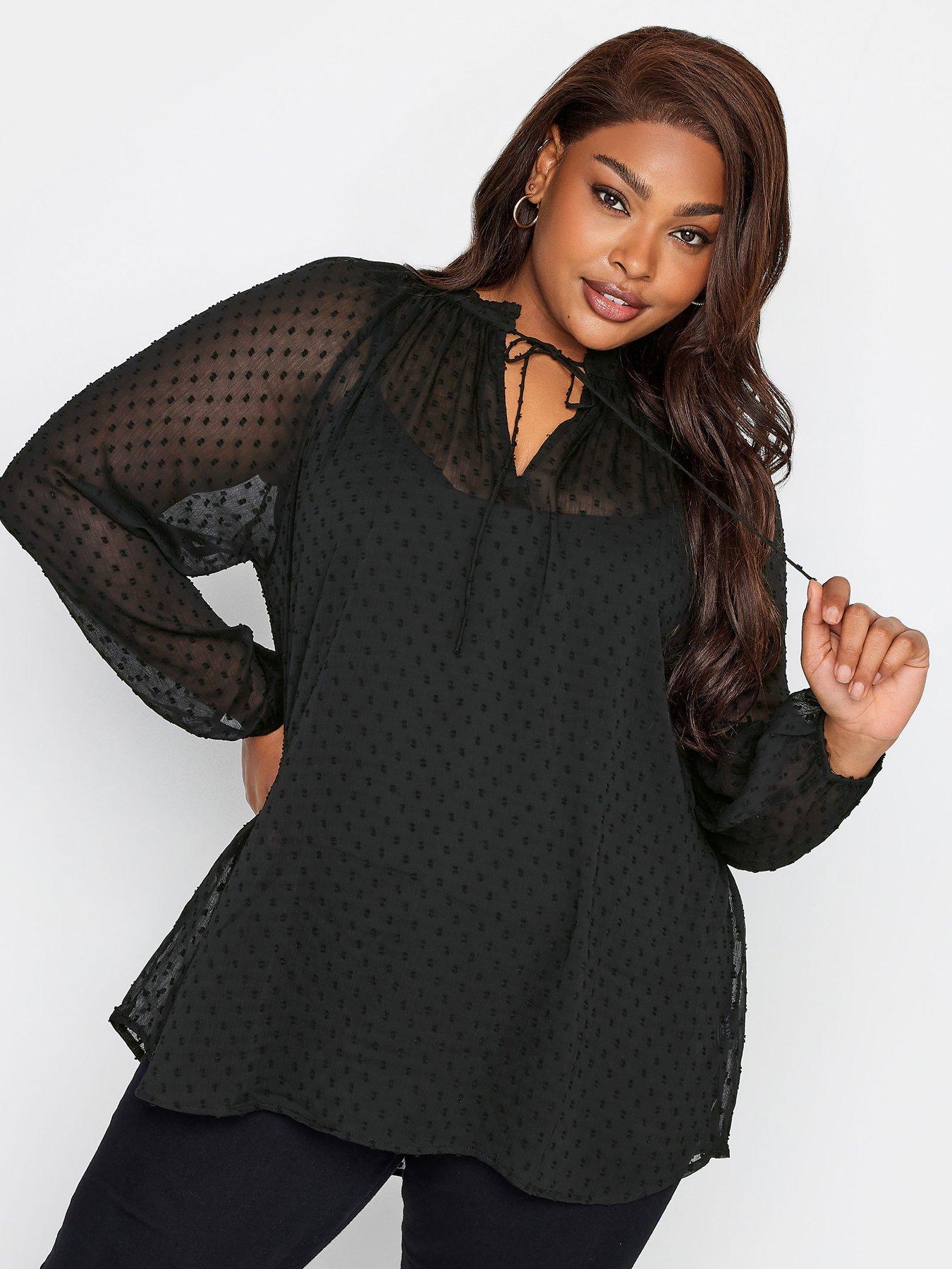 Image 1 of 4 of Yours Yours Tie Neck Chiffon Top Black Dobby