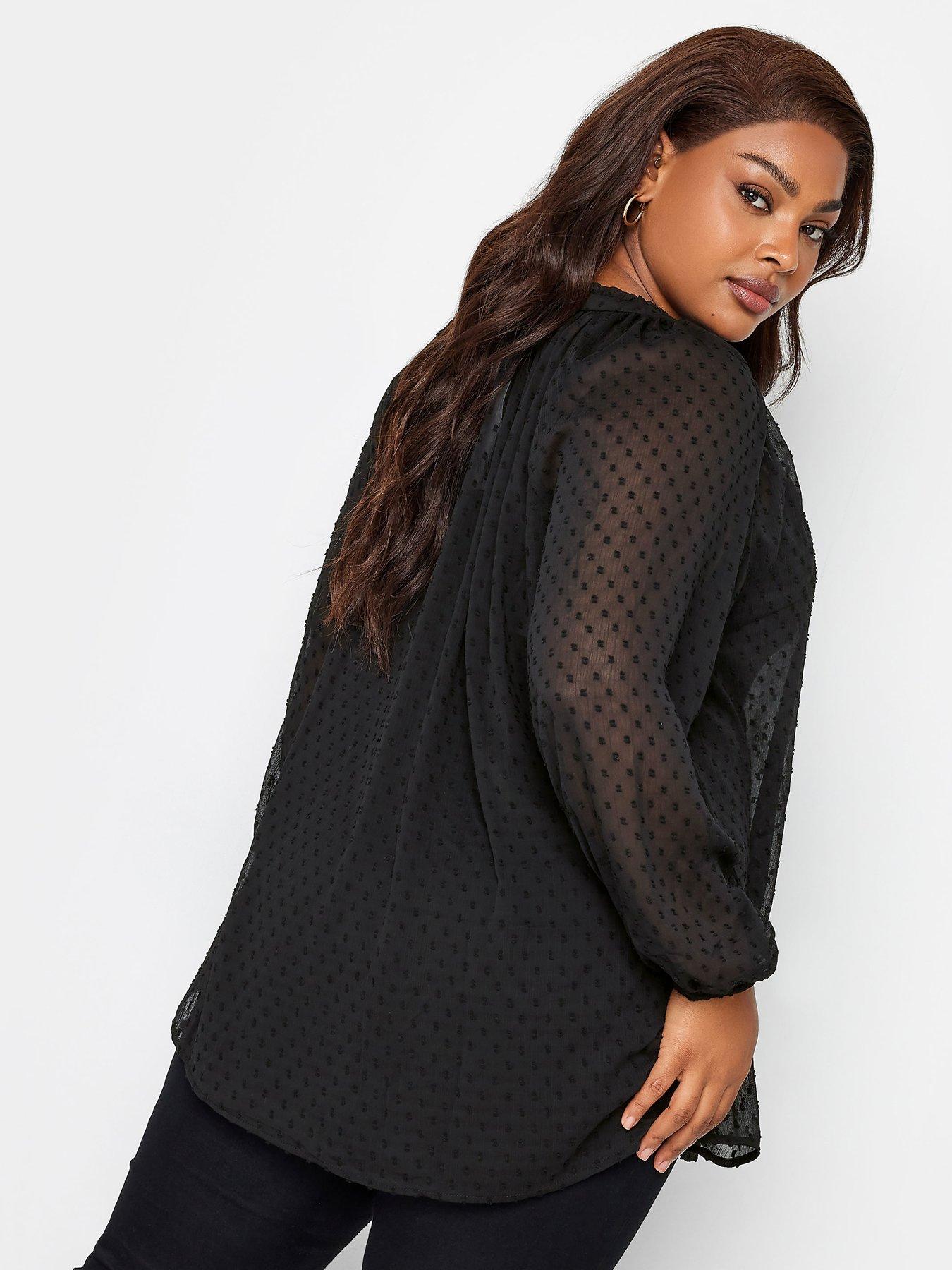 Image 2 of 4 of Yours Yours Tie Neck Chiffon Top Black Dobby
