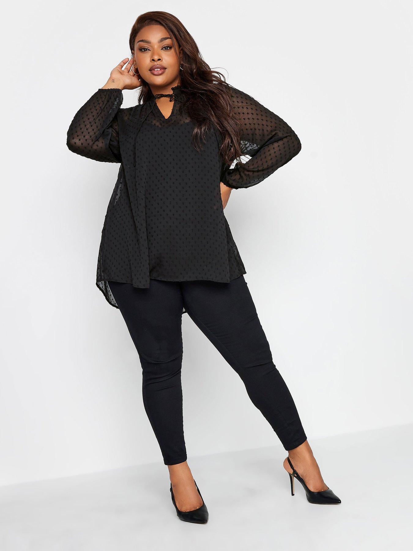 Image 3 of 4 of Yours Yours Tie Neck Chiffon Top Black Dobby