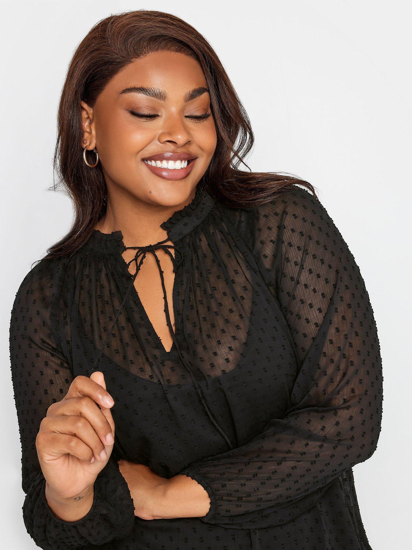Image 4 of 4 of Yours Yours Tie Neck Chiffon Top Black Dobby