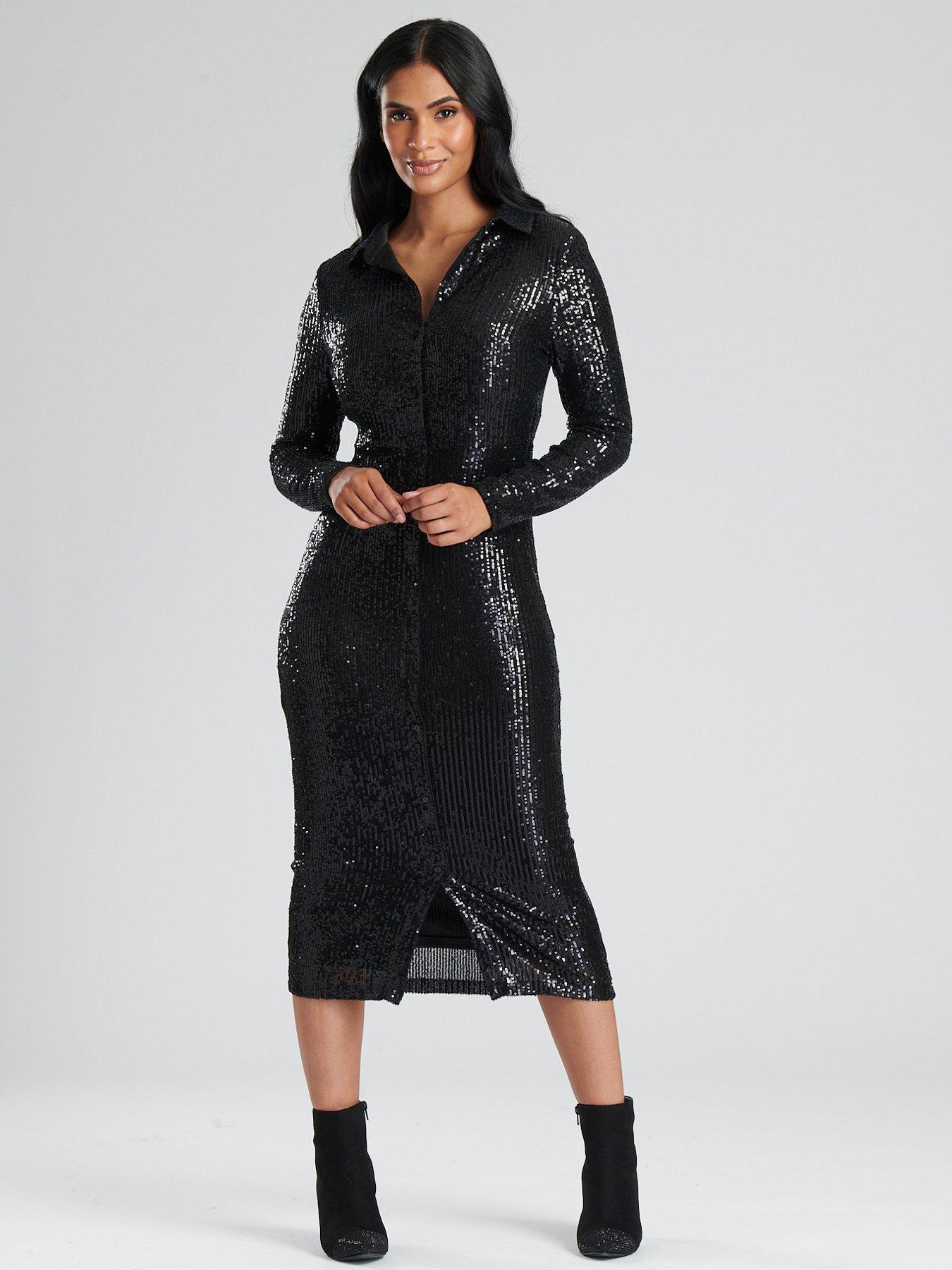 undefined Finding Friday Black Sequin Midi Shirt Dress