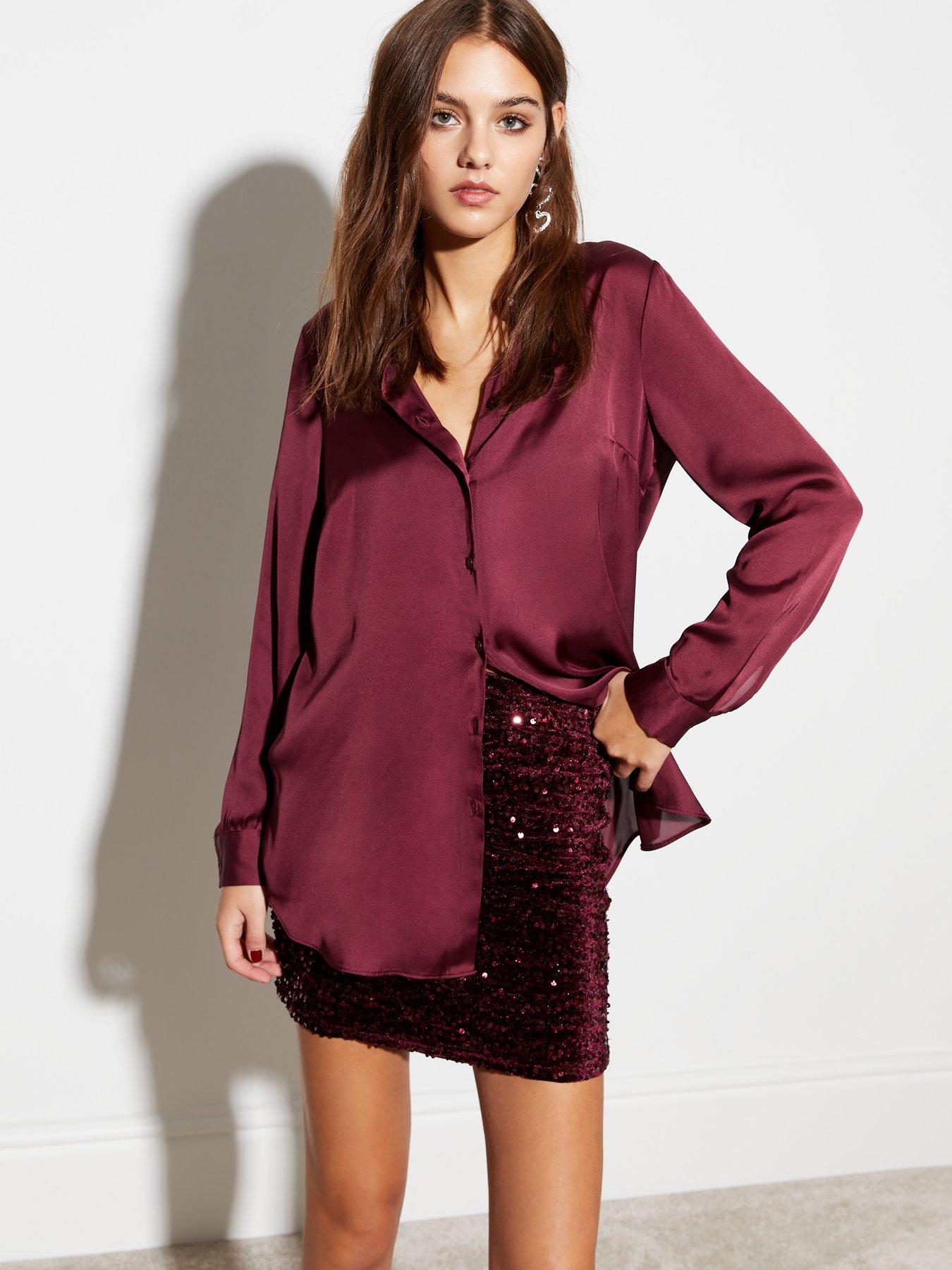 Burgundy Satin Long Sleeve Shirt