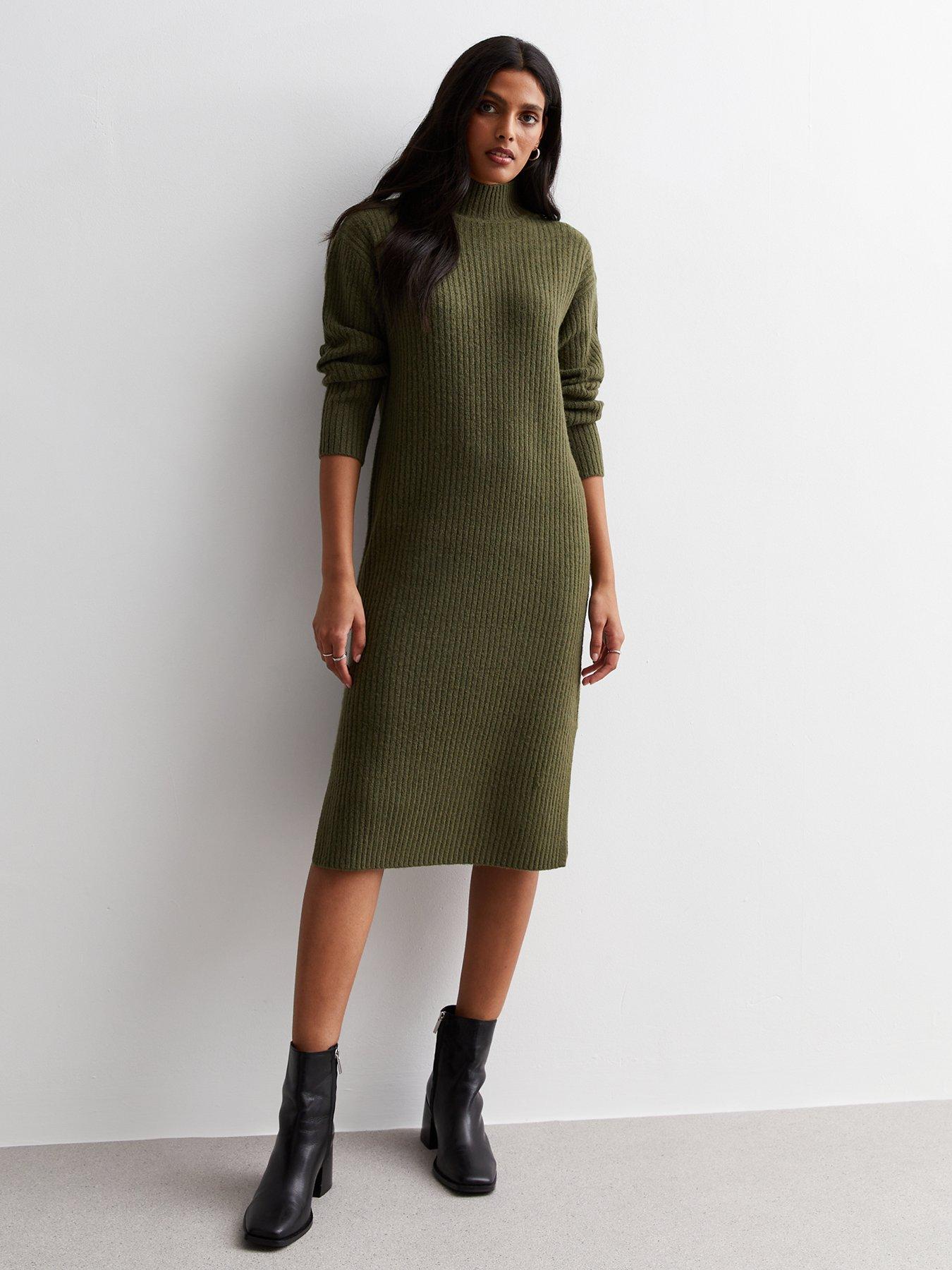 New Look Khaki Ribbed Knit High Neck Midi Dress Very Ireland