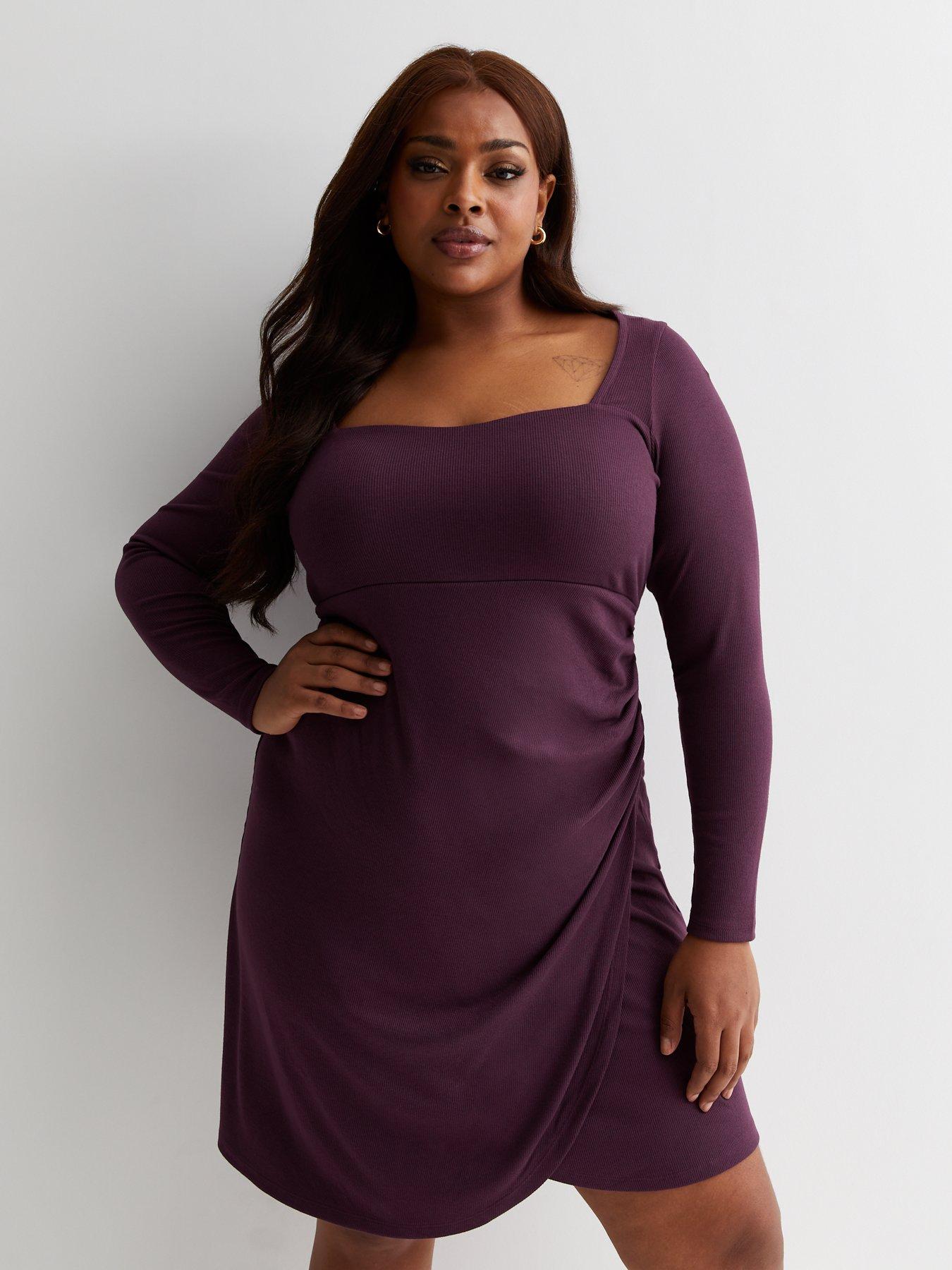 New Look Curves Dark Purple Ribbed Square Neck Wrap Mini Dress Very Ireland