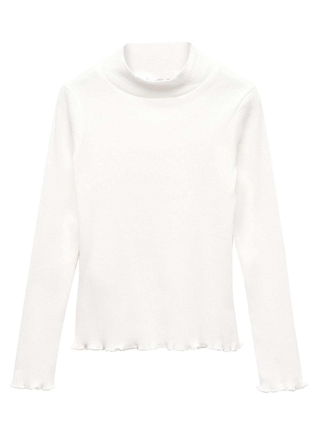 Mango Girls Ribbed High Neck Long Sleeve T-Shirt - Light Cream