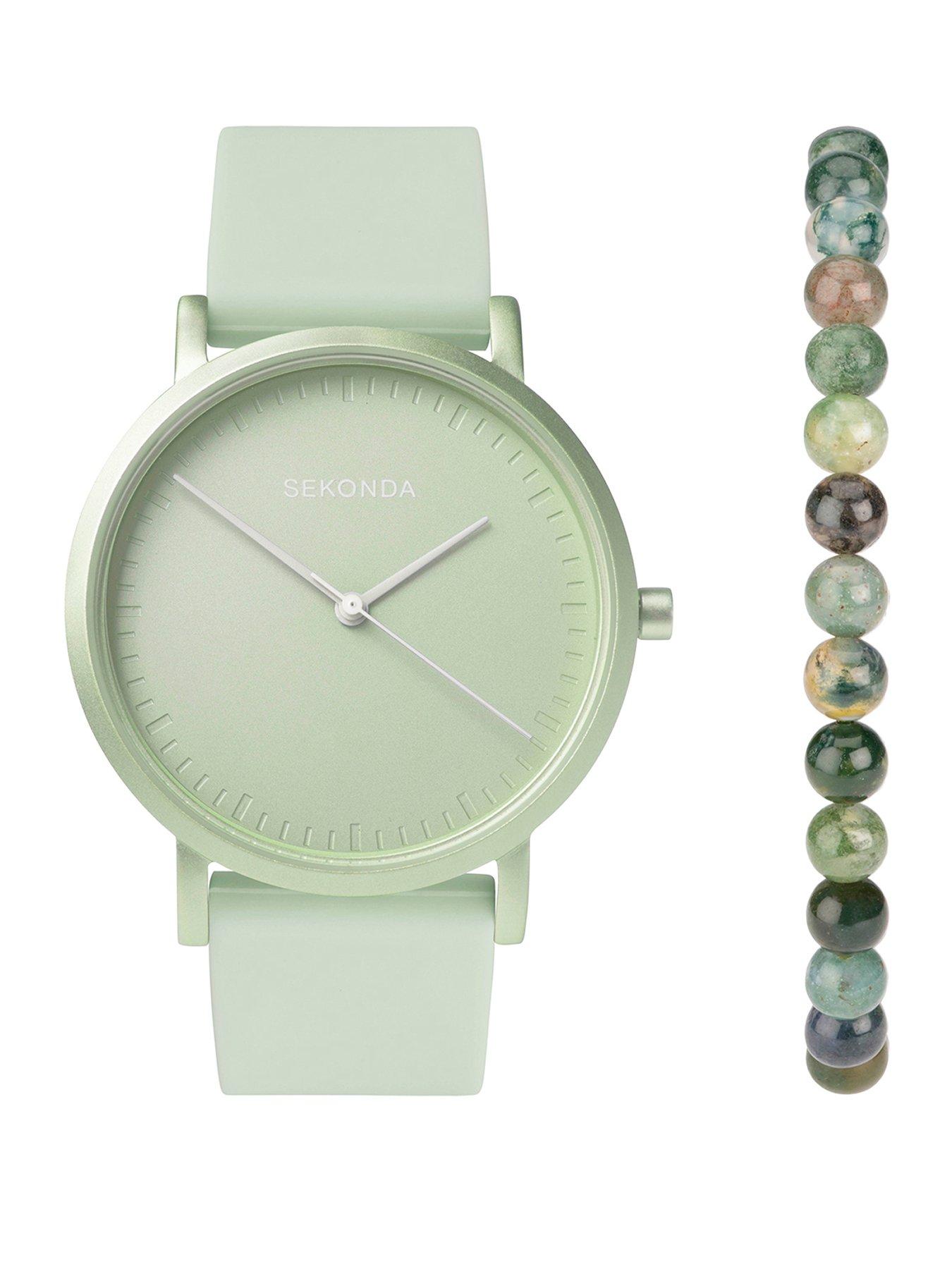 sekonda-sekonda-womens-palette-light-green-silicone-strap-with-green-dial-analogue-watch-with-matching-green-moss-agate-beaded-bracelet-gift-set