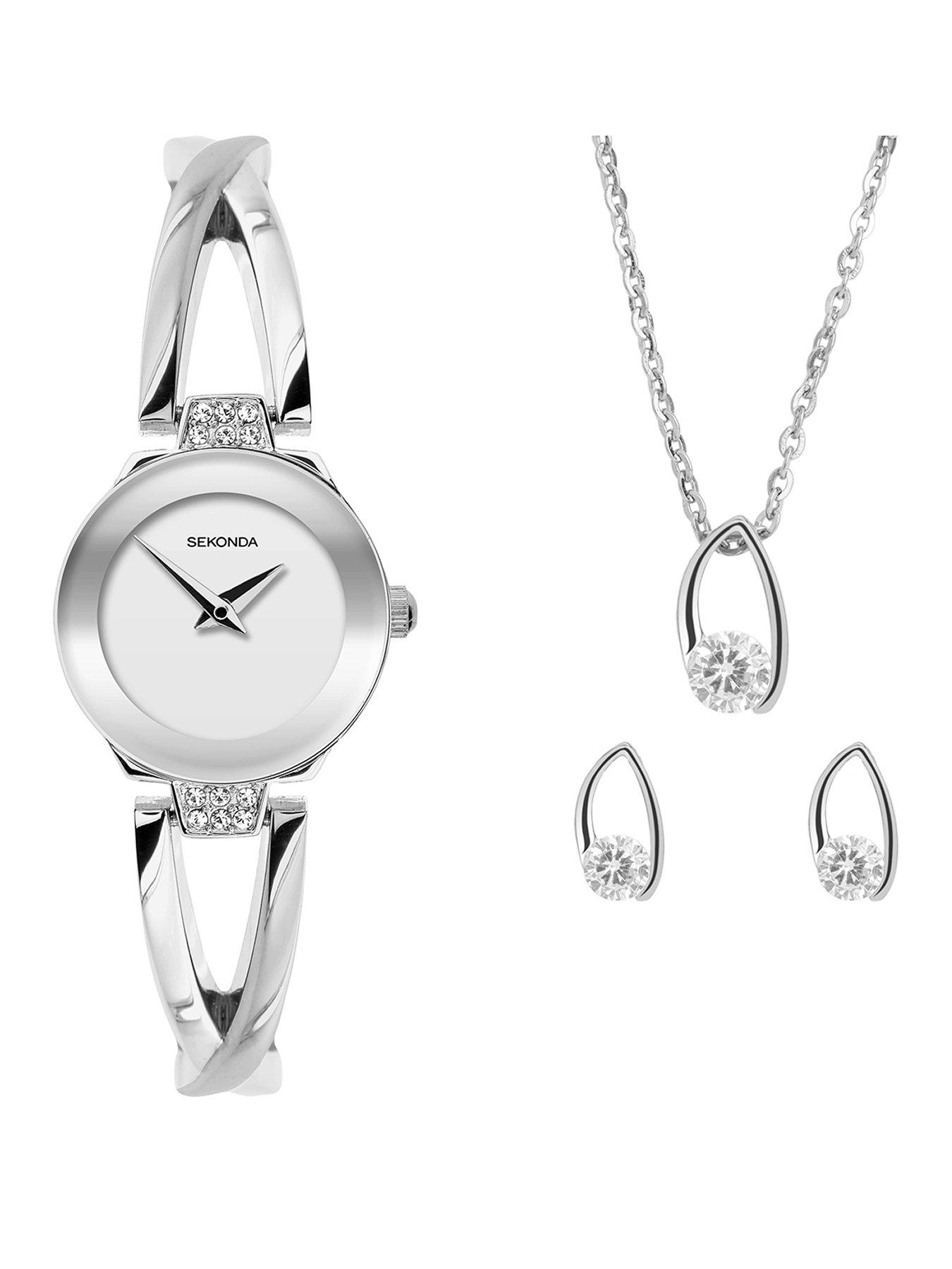Sekonda Sekonda Womens Silver Alloy Semi-Bangle with Silver White Dial Analogue Watch and Matching Pendant and Earrings Gift Set