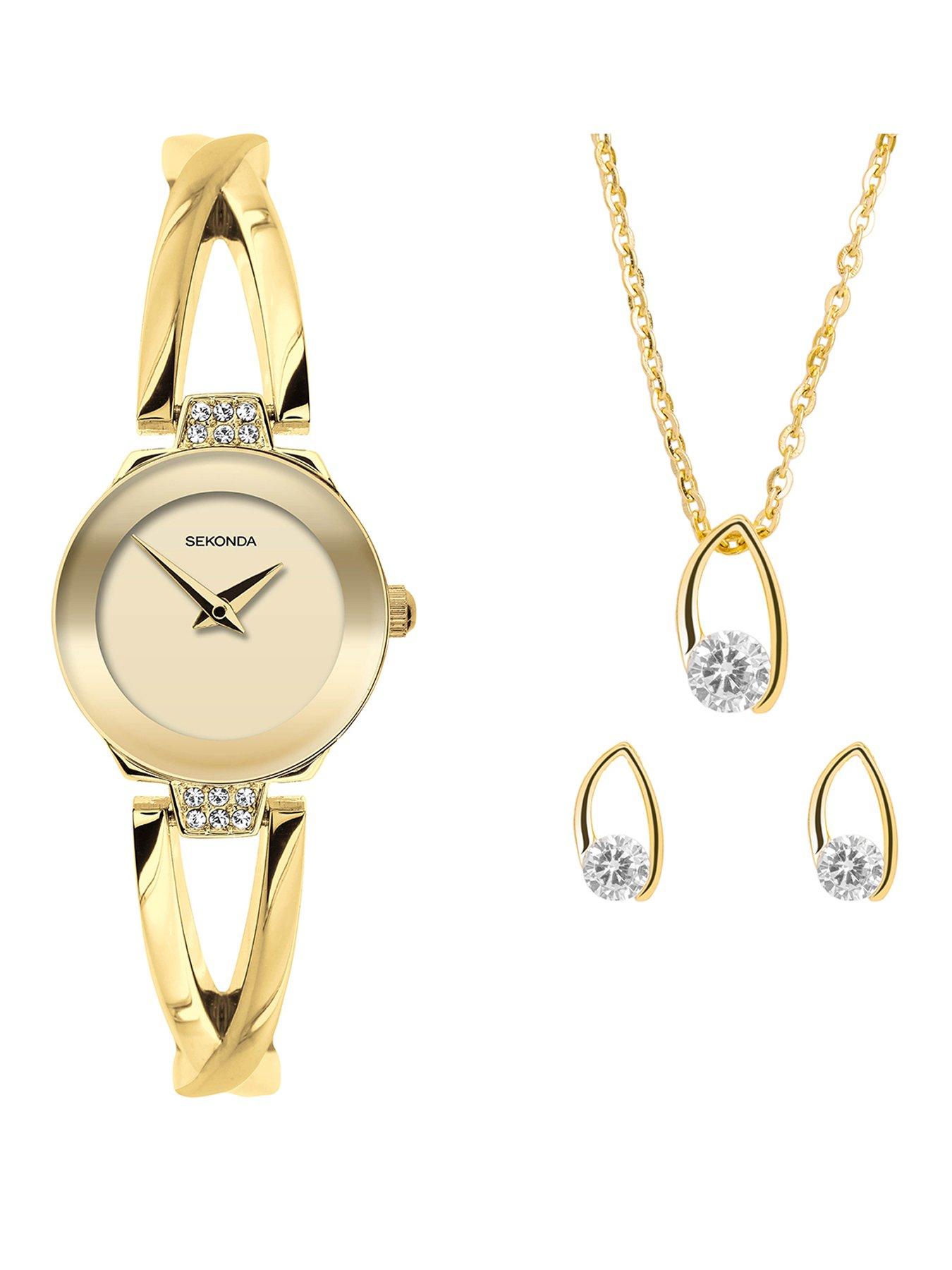 Sekonda Sekonda Womens Gold Alloy Semi-Bangle with Champagne Dial Analogue Watch and Matching Gold Pendant and Earrings Gift Set