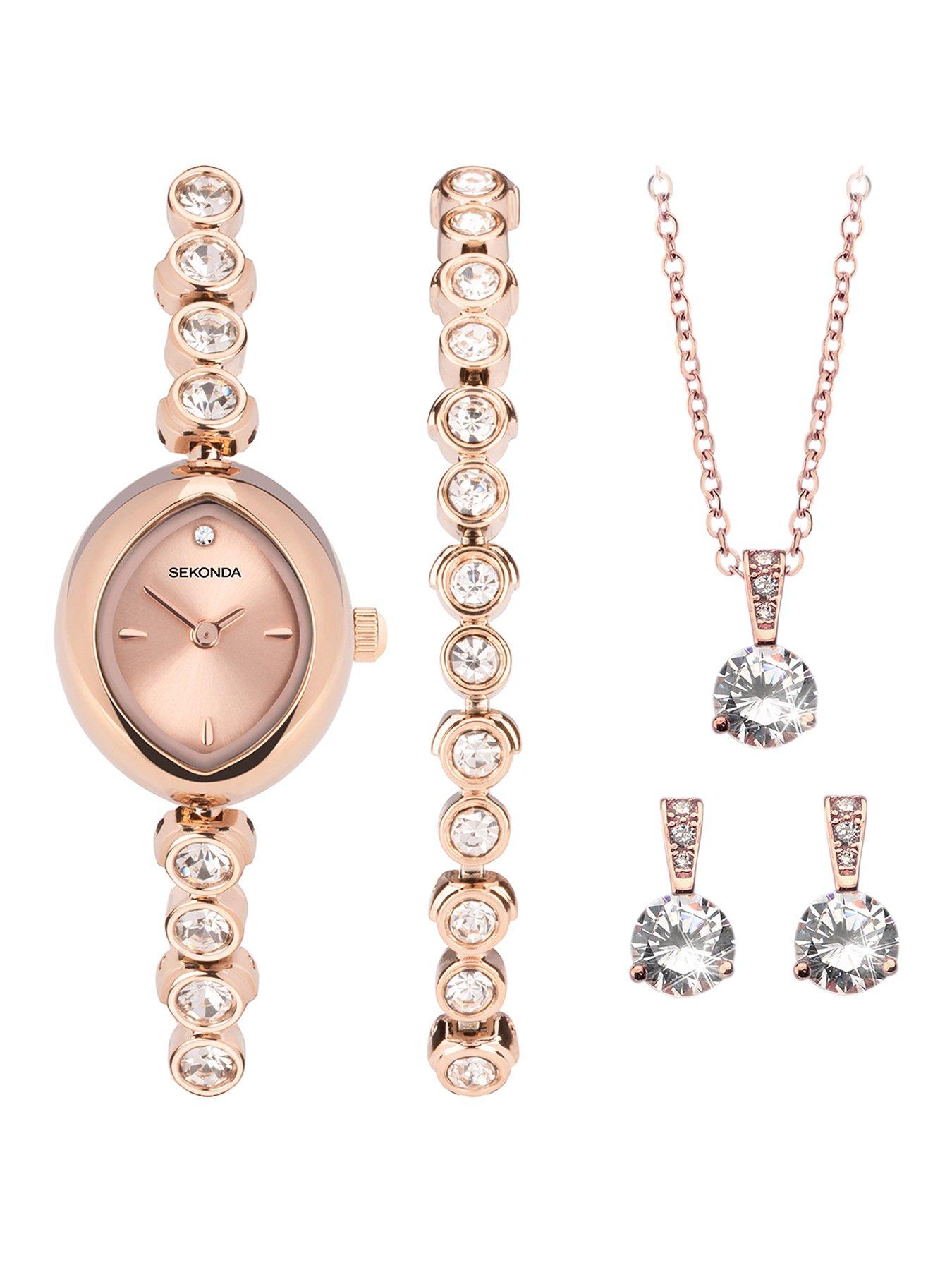 Sekonda Sekonda Womens Rose Gold Alloy Bracelet with Rose Dial Analogue Watch and Matching Rose Gold Pendant and Earrings Gift Set