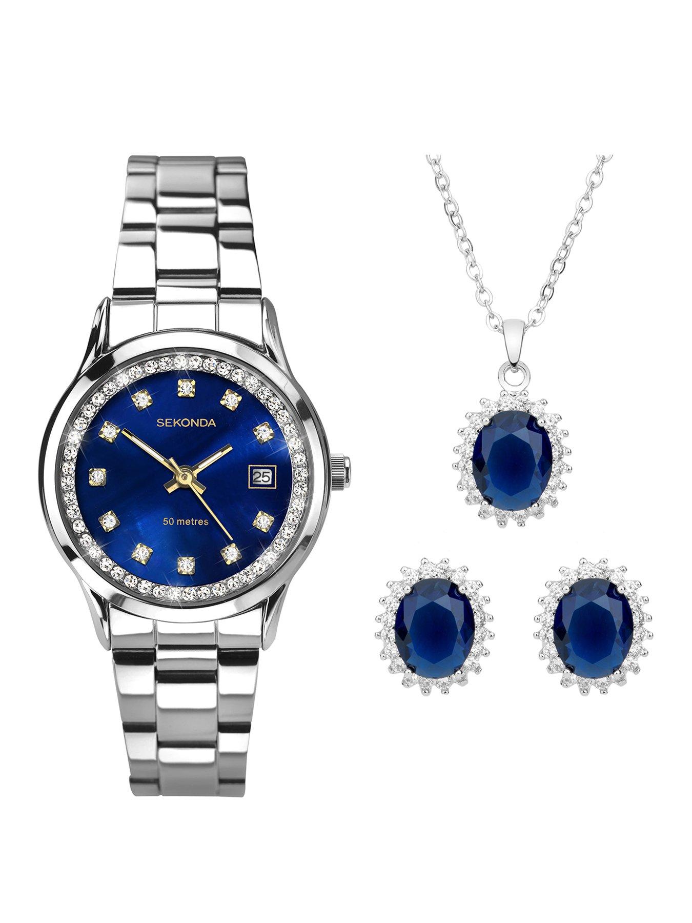 Sekonda Sekonda Womens Catherine Silver Stainless Steel Bracelet with Blue Dial Analogue Watch and Matching Pendant and Earrings Stone Set Gift Set