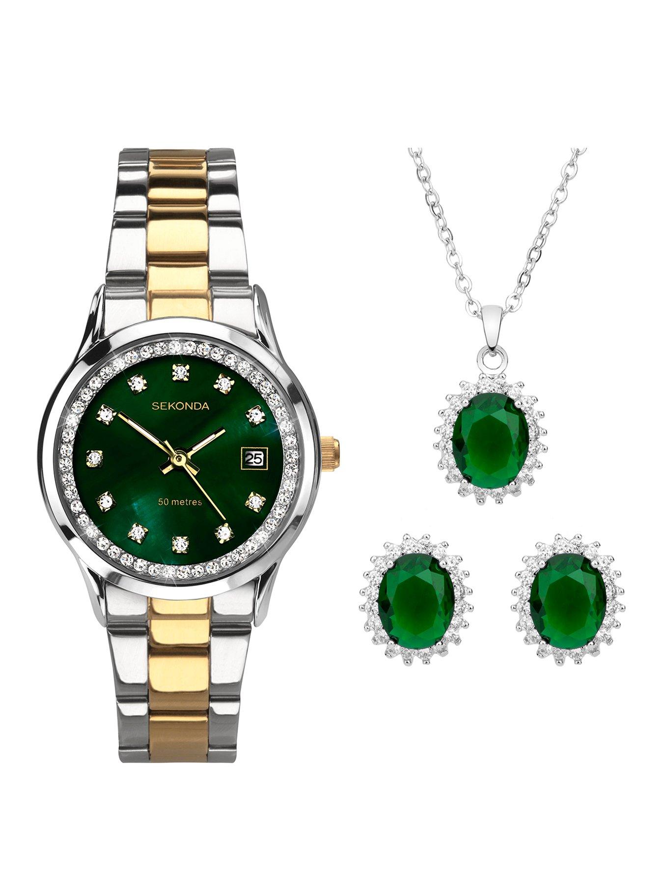 sekonda-sekonda-womens-catherine-two-tone-stainless-steel-bracelet-with-green-dial-analogue-watch-and-matching-pendant-and-earrings-stone-set-gift-set