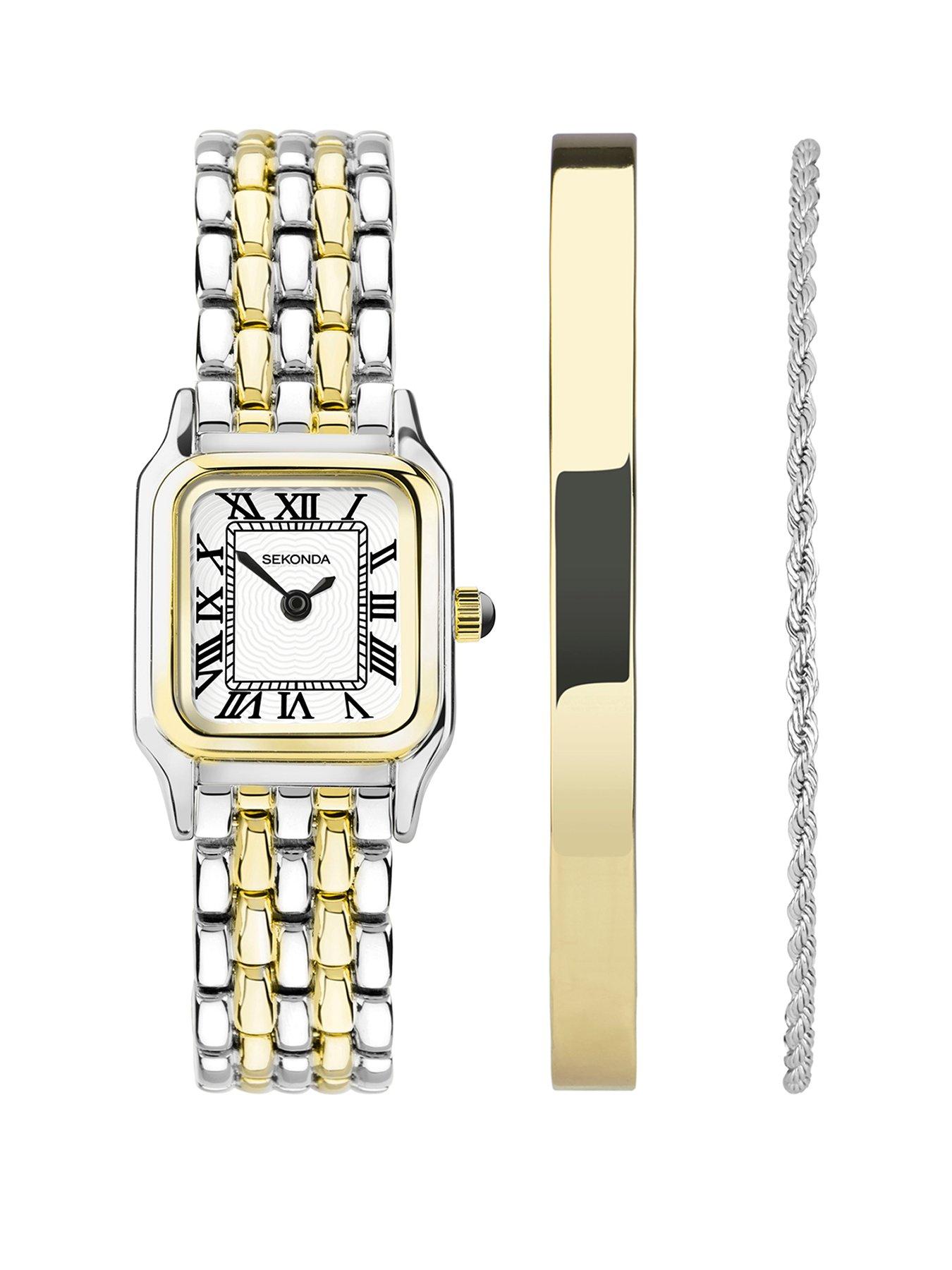 Sekonda Sekonda Womens Monica Two Tone Bracelet with White Dial Analogue Watch and Matching Gold Bangle and Silver Bracelet Gift Set