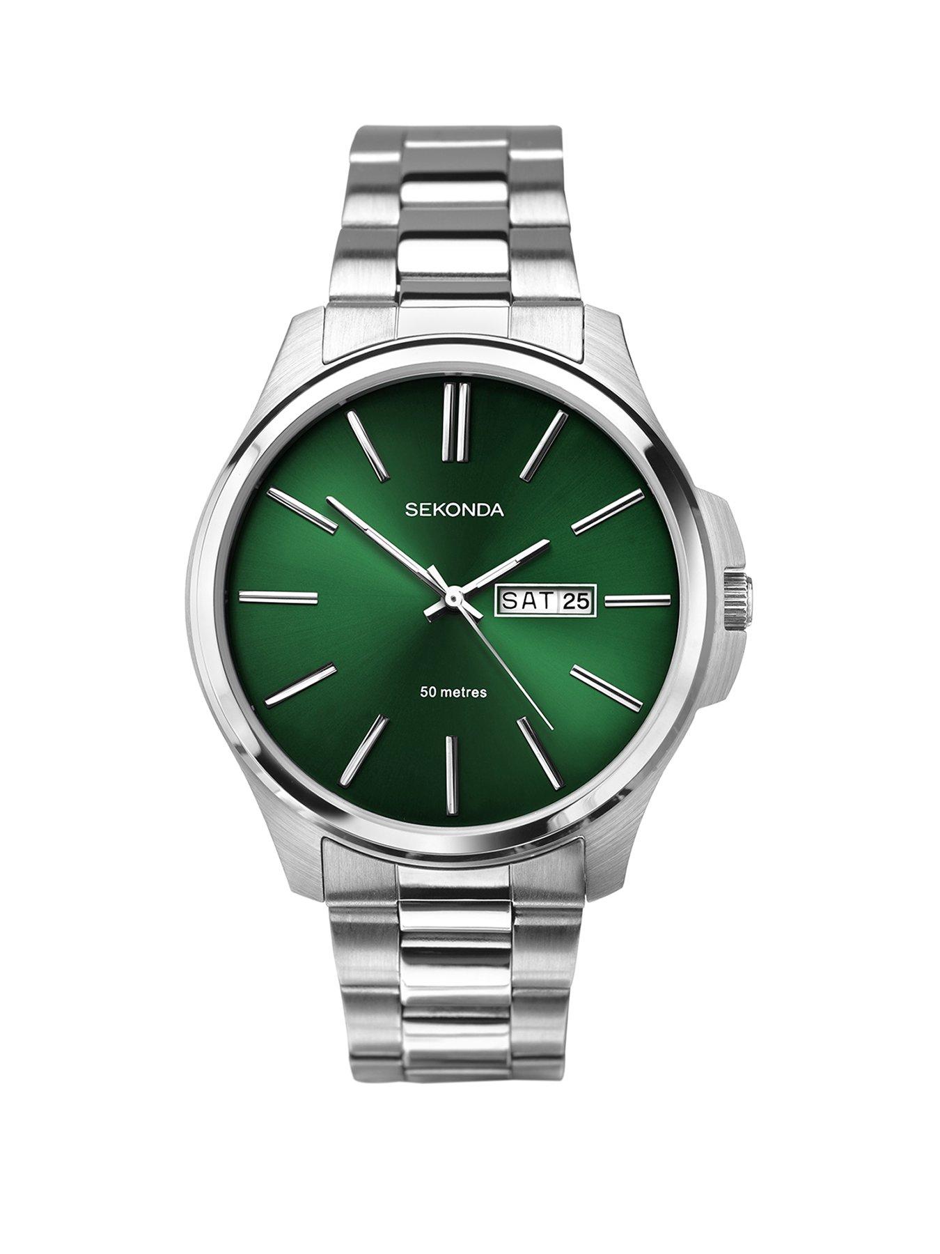 undefined Sekonda Mens Classic Jones Silver Stainless Steel Bracelet with Green Dial Analogue Watch