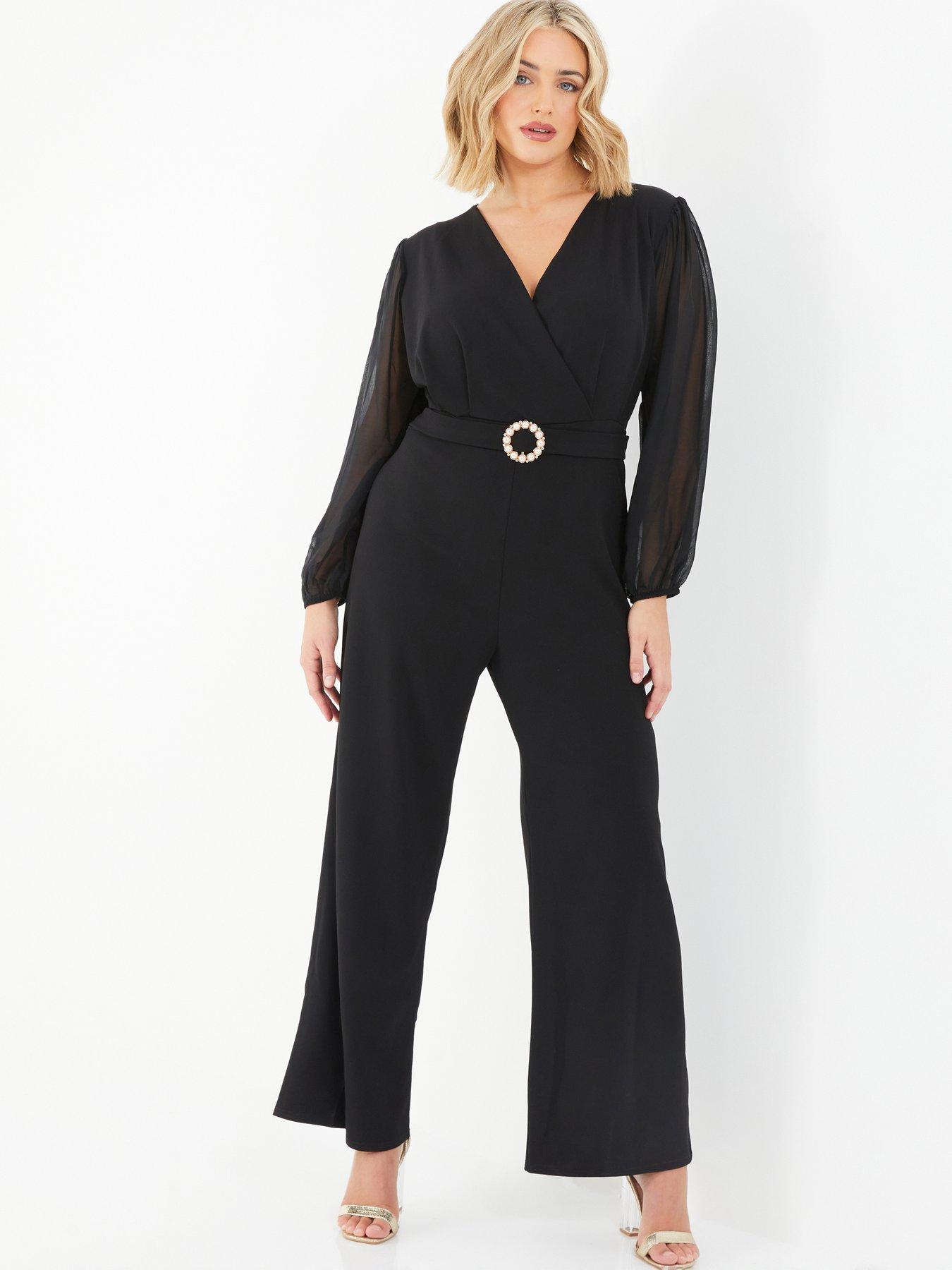 Scuba Crepe Jumpsuit with Chiffon Sleeve and Embellished Belt Detail Black