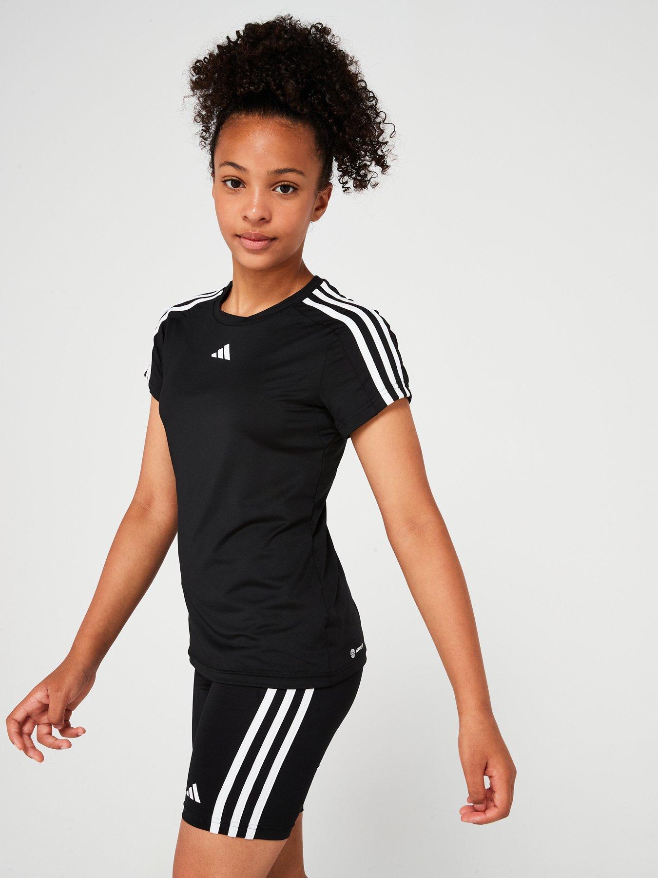 adidas-junior-girls-train-essentials-3-stripe-tee-amp-short-set-blackwhitestillFront