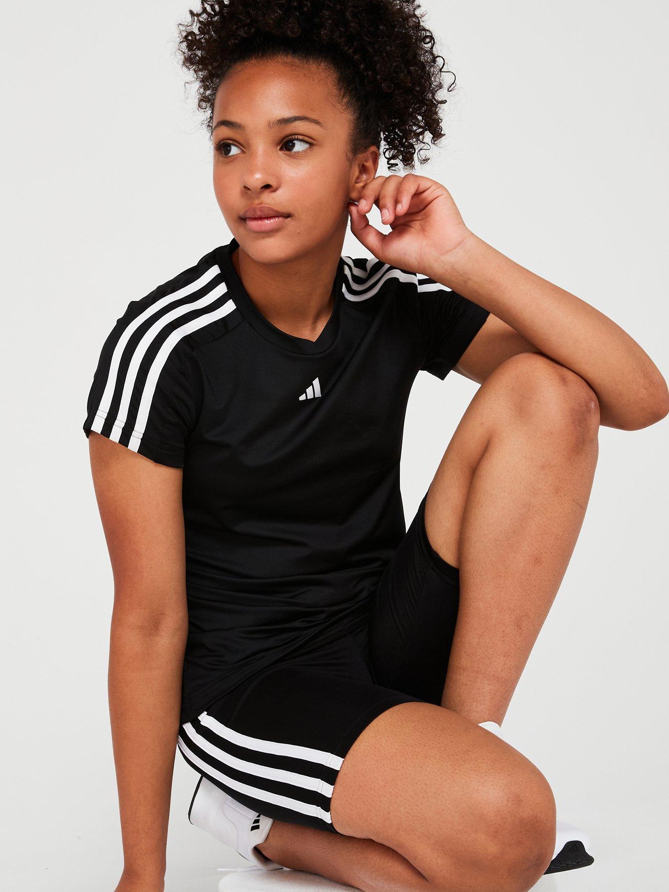 adidas-junior-girls-train-essentials-3-stripe-tee-amp-short-set-blackwhitedetail