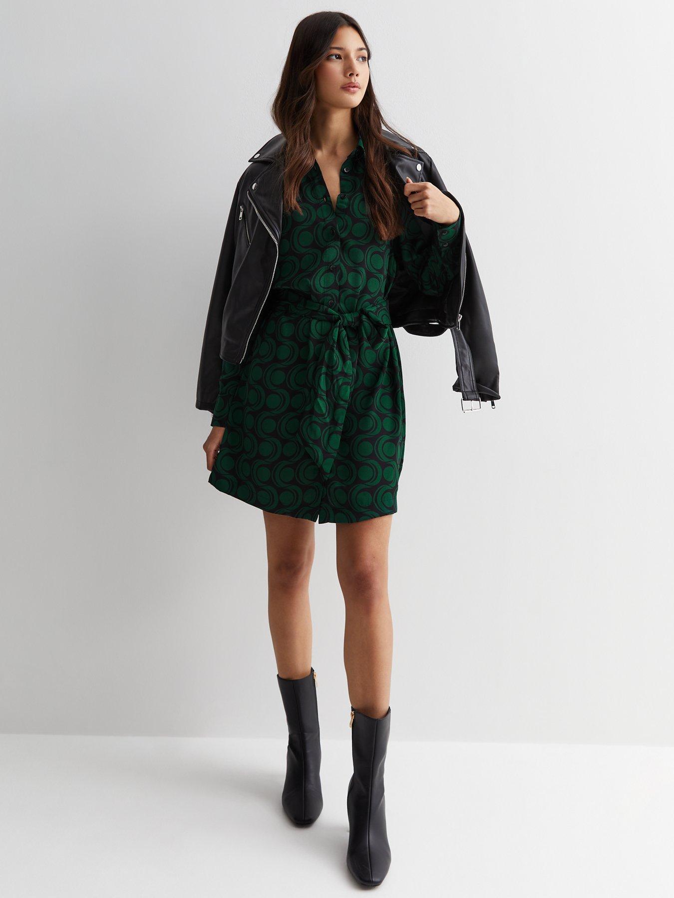 new-look-green-geometric-print-belted-mini-shirt-dress