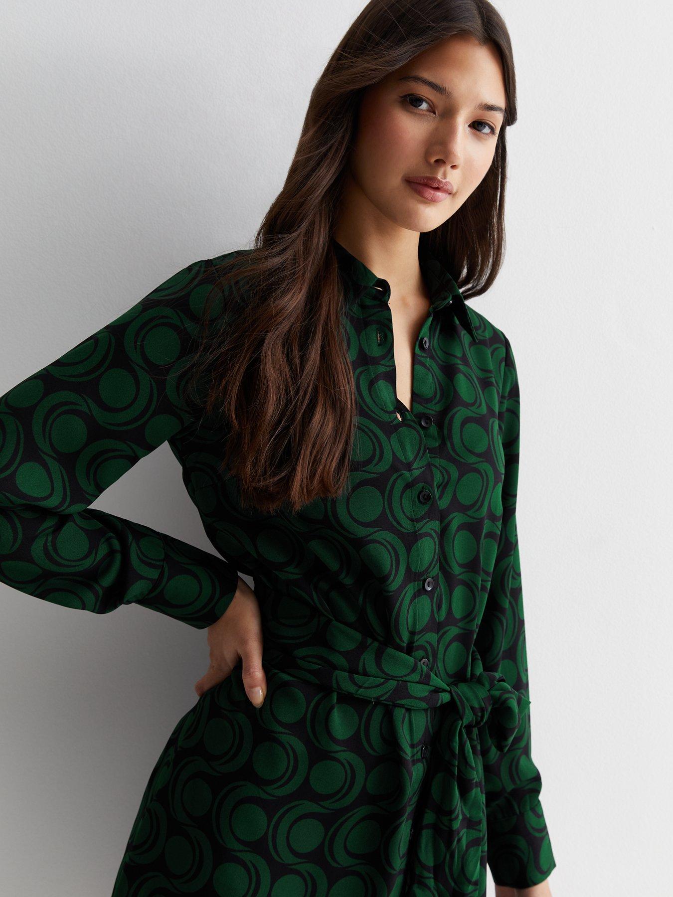 new-look-green-geometric-print-belted-mini-shirt-dressoutfit