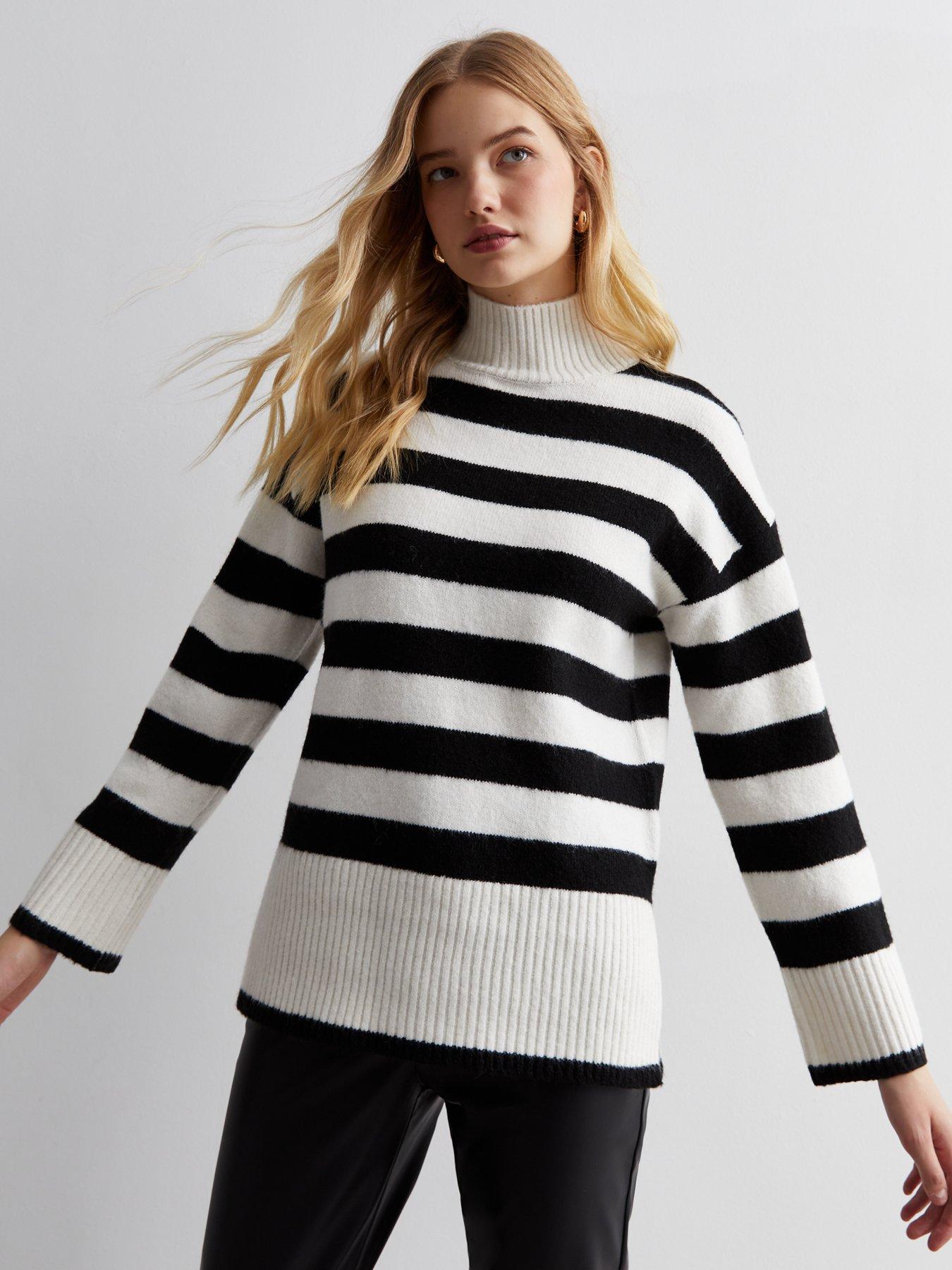 White Stripe Stand Neck Longline Jumper