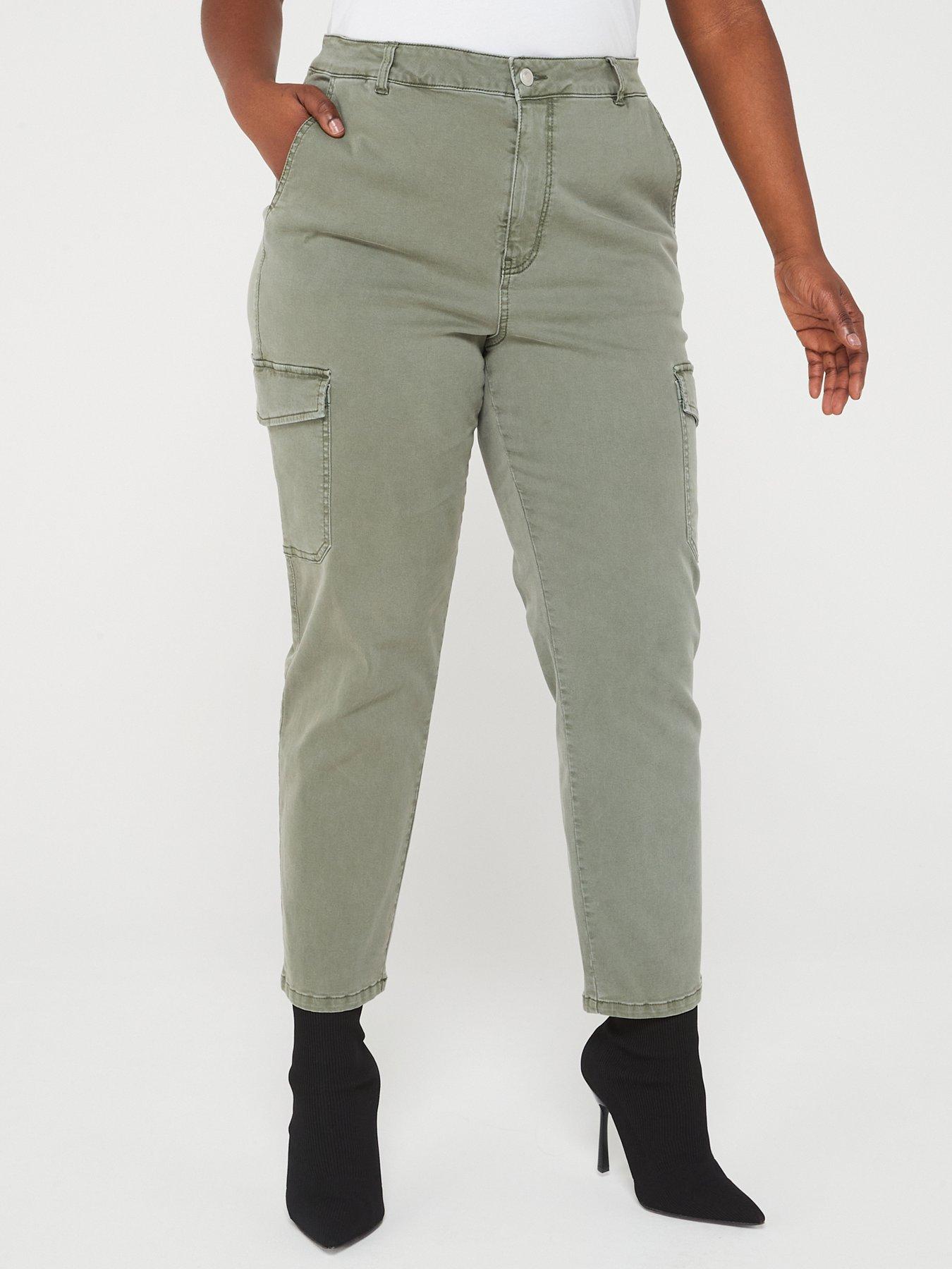 Stretch Denim Straight Leg Cargo Jeans Khaki