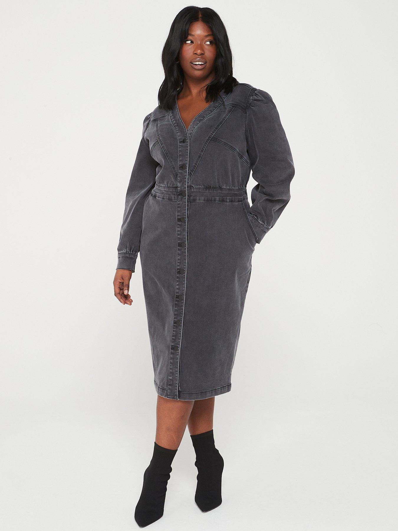 v-by-very-curve-button-front-v-neck-denim-midi-dress