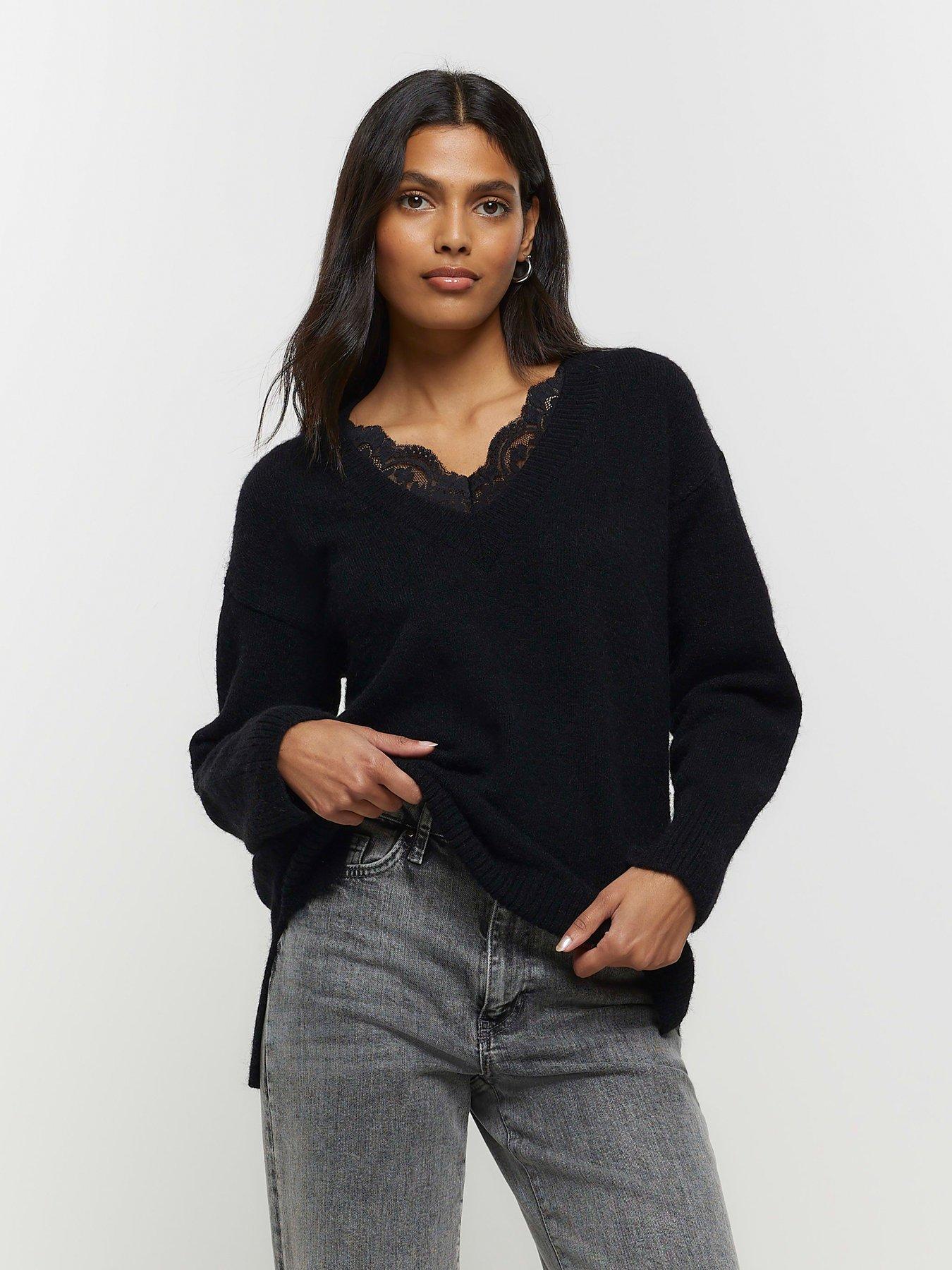 river-island-lace-v-neck-jumper-blackfront