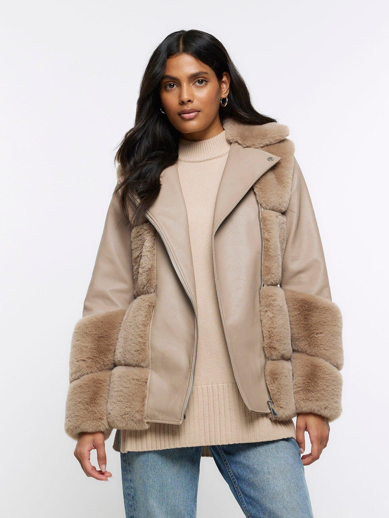 River Island Patchwork Faux Fur Coat - Cream