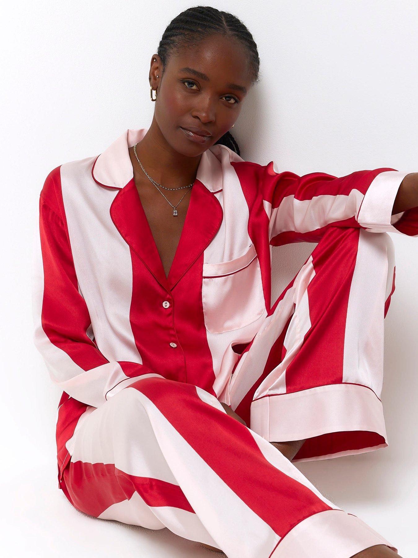 River Island Satin Stripe Pyjama Shirt - Red