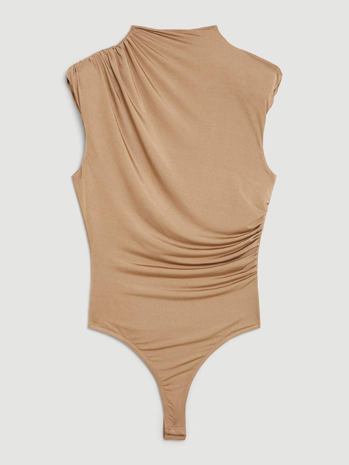 Split Neck Bodysuit-Taupe