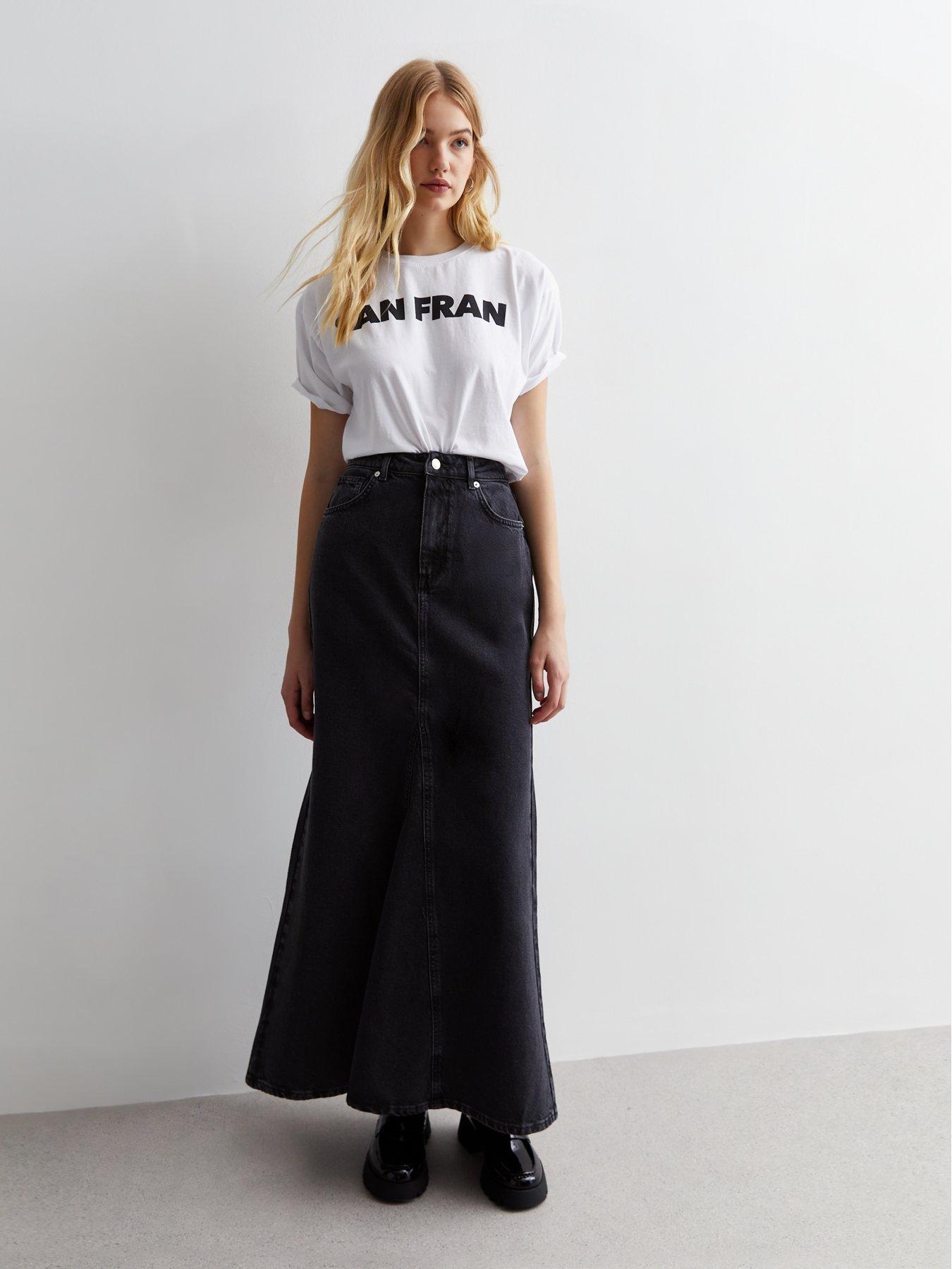 Black Denim Flared Maxi Skirt